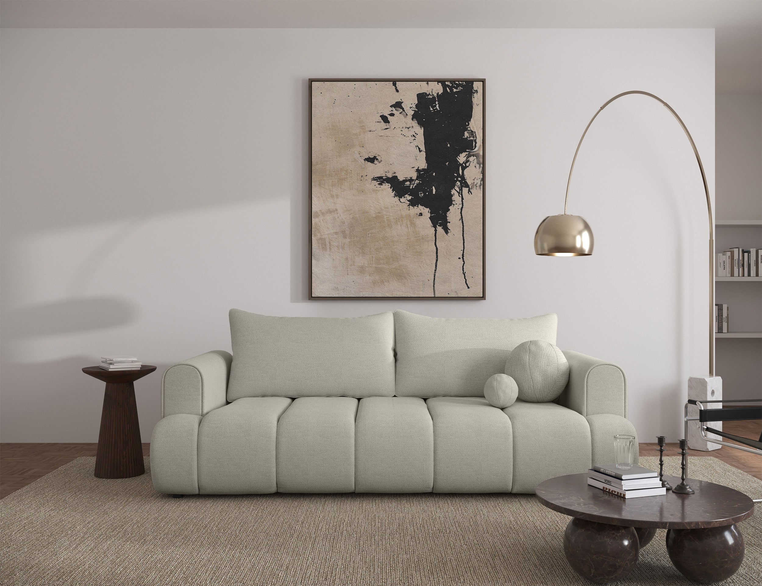 Dreisitziges Sofa Dandelino mit Schlafunktion, grau-beiger hydrophober Chenillestoff