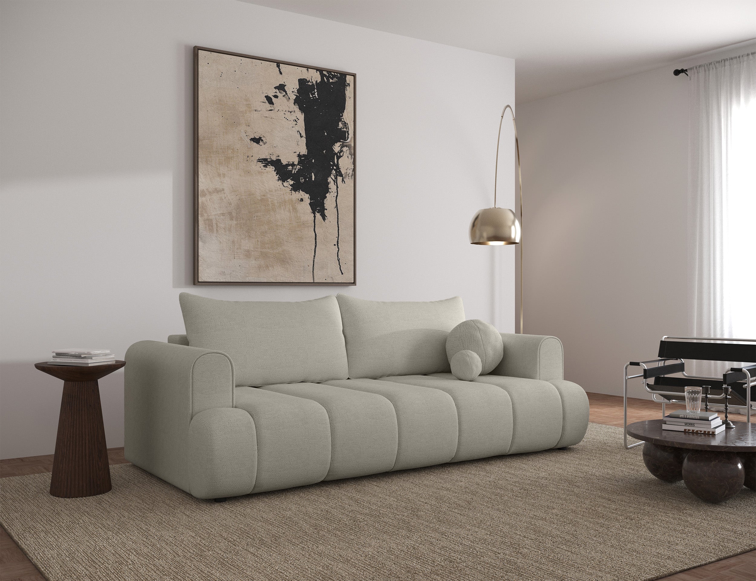 Dreisitziges Sofa Dandelino mit Schlafunktion, grau-beiger hydrophober Chenillestoff