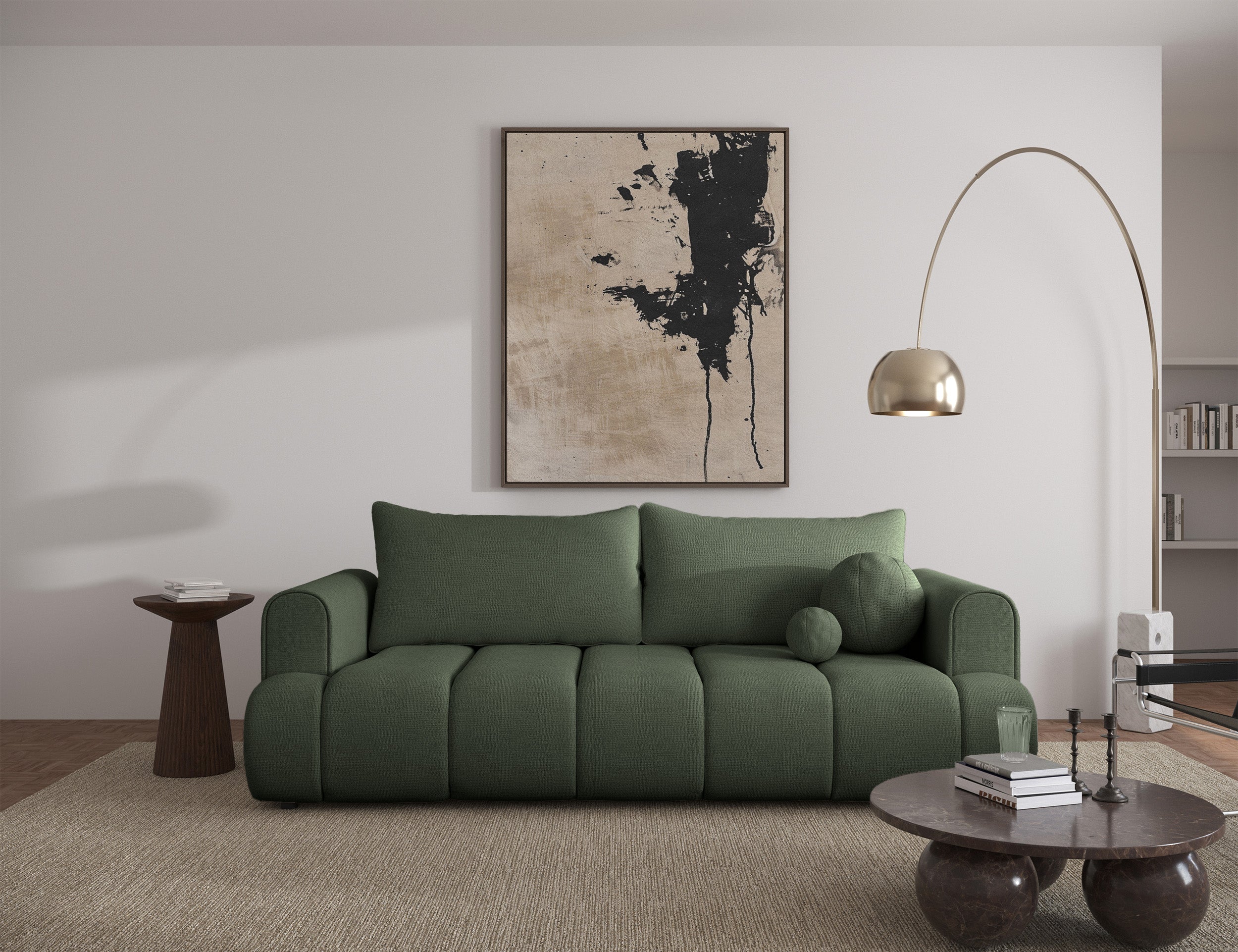 Dreisitziges Sofa Dandelino mit Schlafunktion, grüner hydrophober Chenillestoff