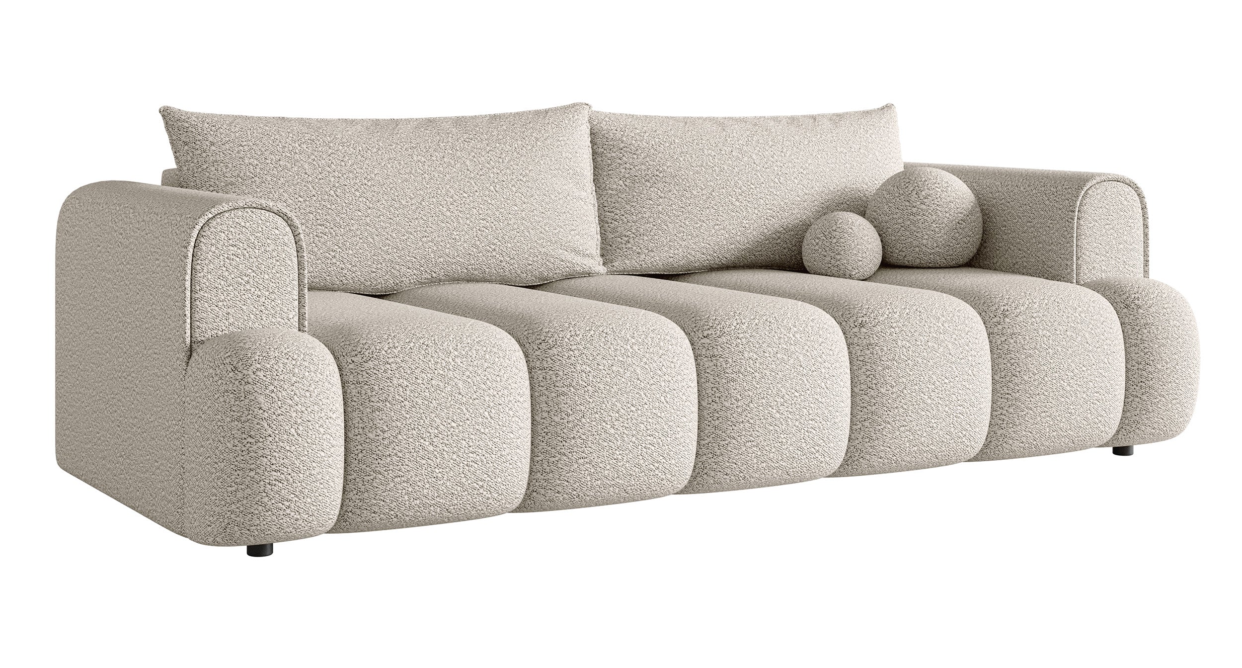 Dreisitziges Sofa Dandelino mit Schlafunktion, cremefarbenes Bouclé