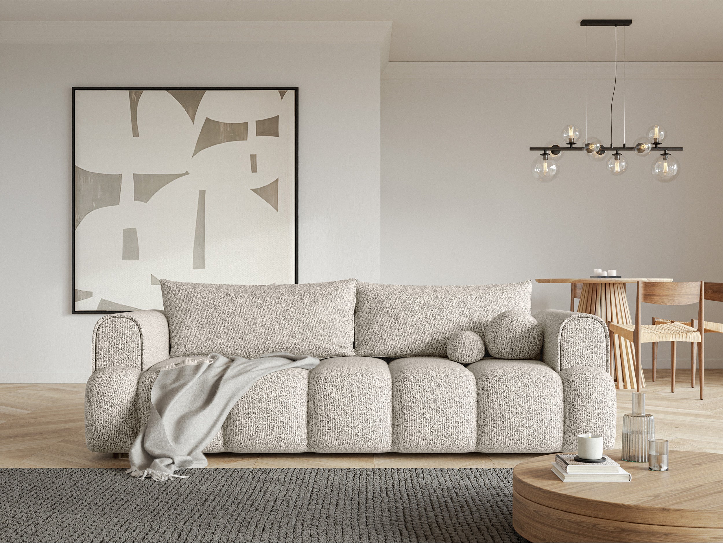 Dreisitziges Sofa Dandelino mit Schlafunktion, cremefarbenes Bouclé