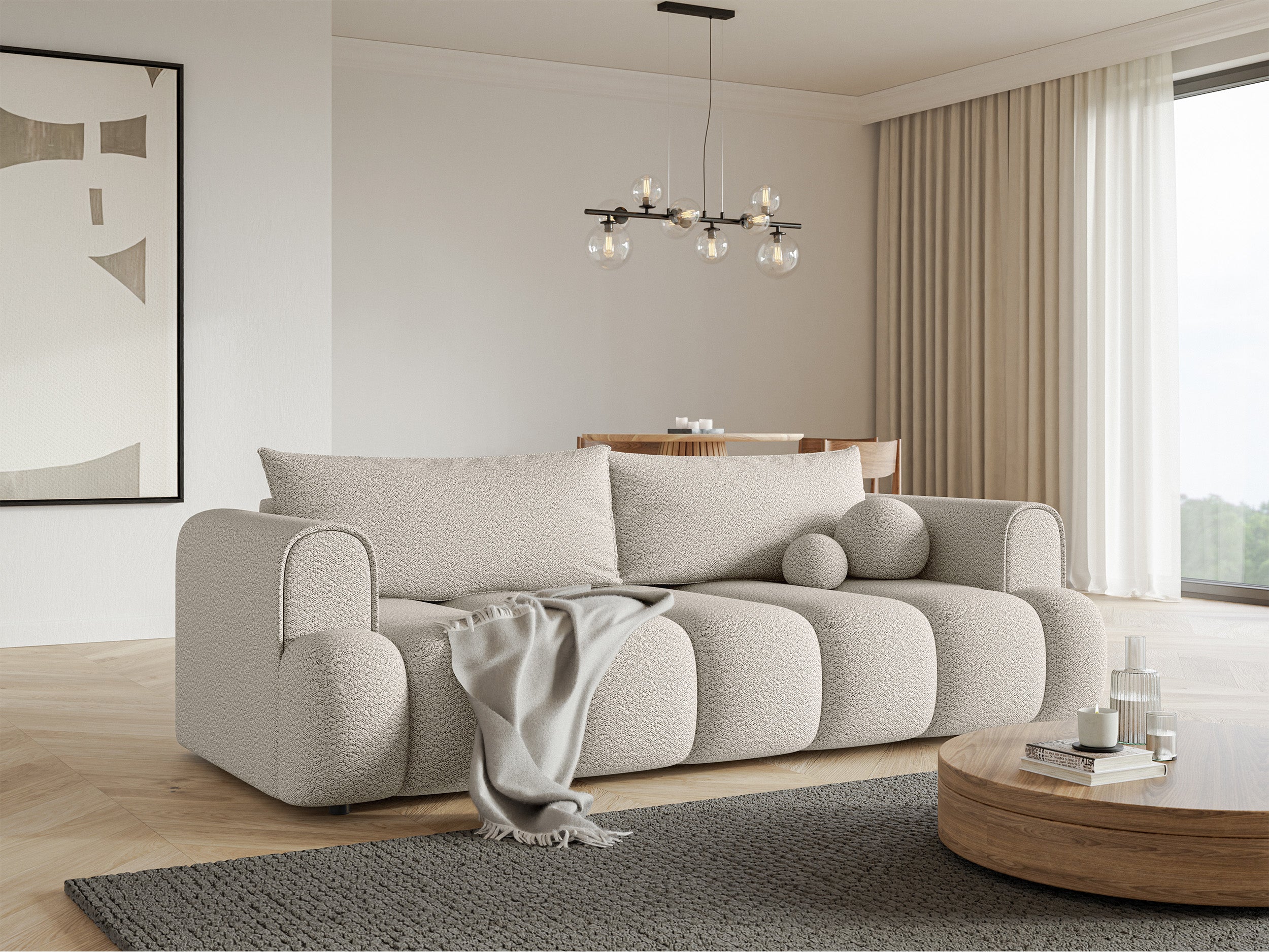 Dreisitziges Sofa Dandelino mit Schlafunktion, cremefarbenes Bouclé