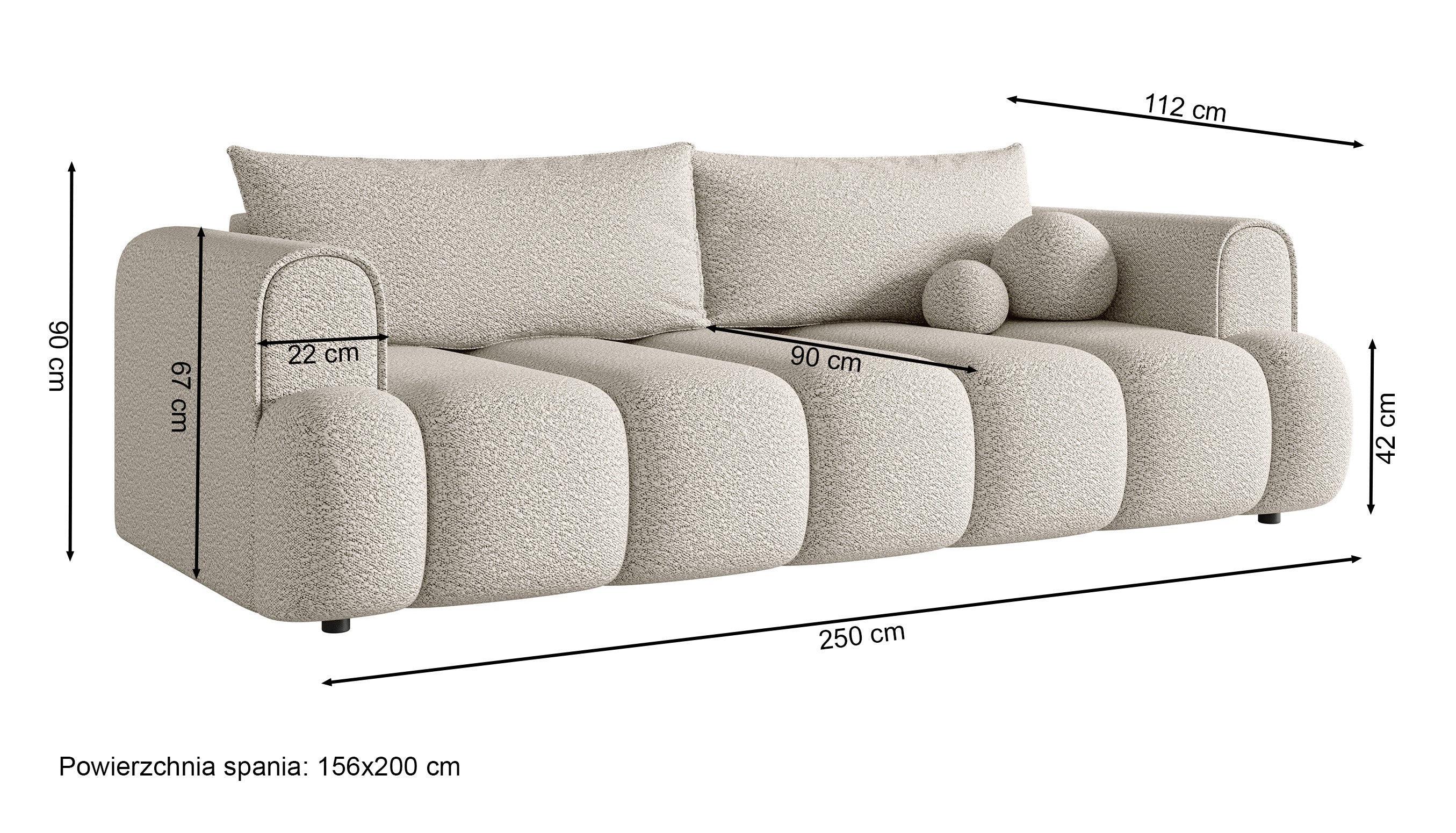 Dreisitziges Sofa Dandelino mit Schlafunktion, cremefarbenes Bouclé