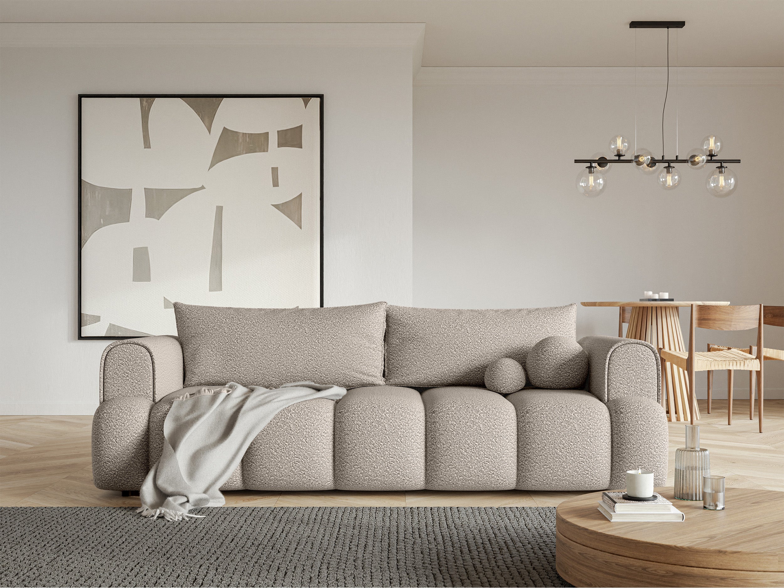 Dreisitziges Sofa Dandelino mit Schlafunktion, hellbeige Bouclé