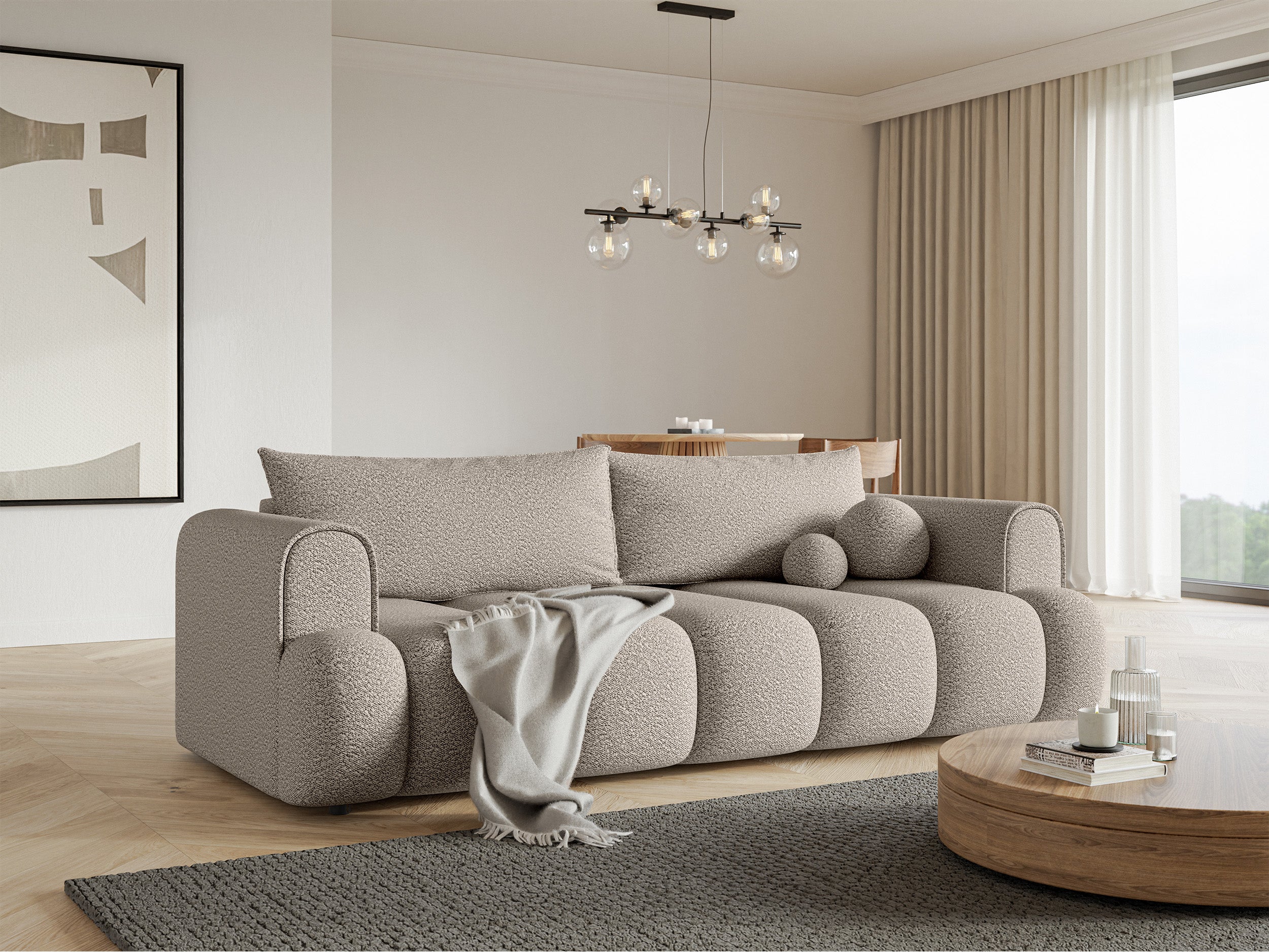Dreisitziges Sofa Dandelino mit Schlafunktion, hellbeige Bouclé