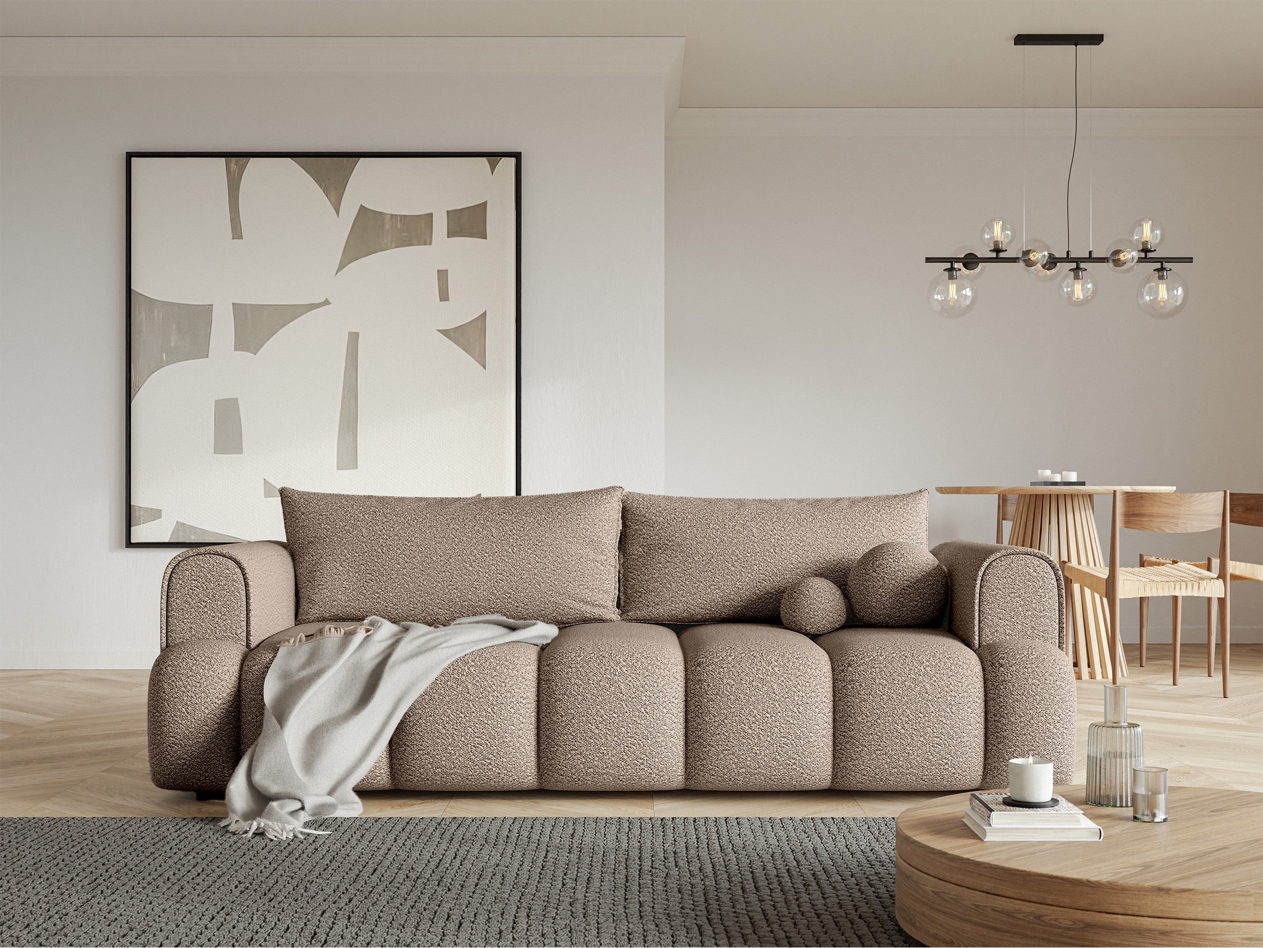 Drei-Sitzer-Sofa Dandelino mit Schlafunktion, dunkelbeige Bouclé
