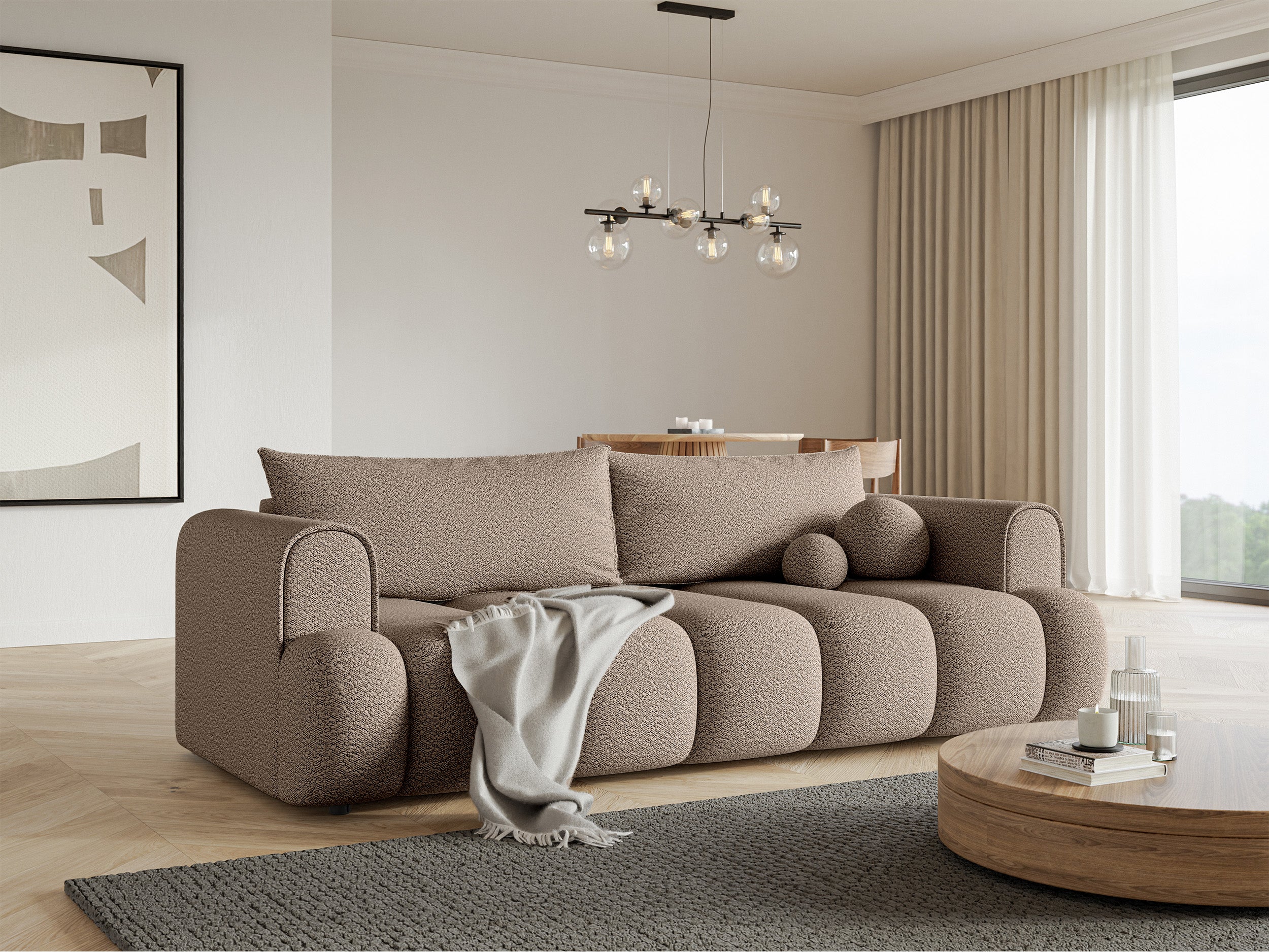 Drei-Sitzer-Sofa Dandelino mit Schlafunktion, dunkelbeige Bouclé