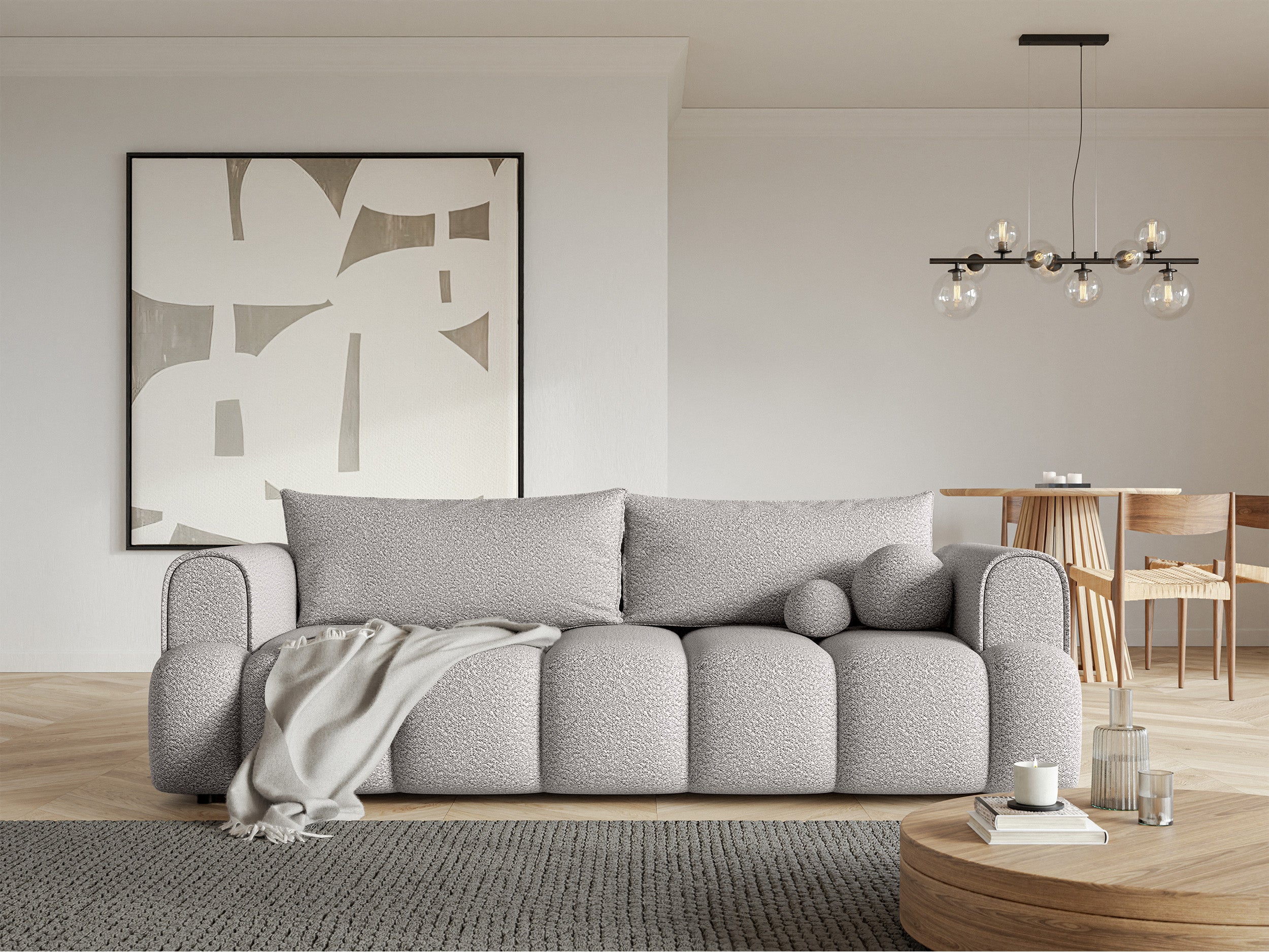 Dreisitziges Sofa Dandelino mit Schlafunktion, hellgrauer Bouclé-Stoff