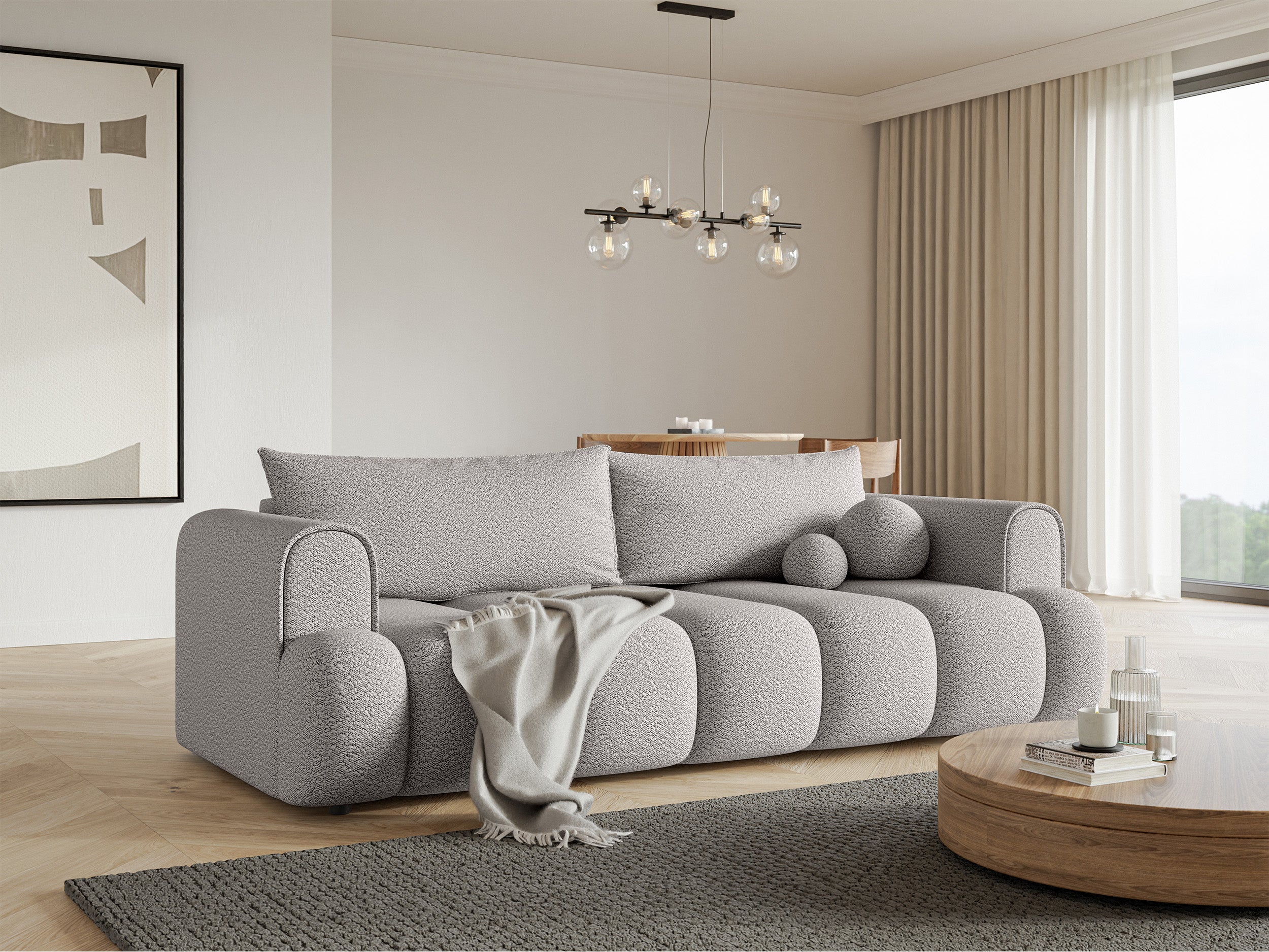 Dreisitziges Sofa Dandelino mit Schlafunktion, hellgrauer Bouclé-Stoff