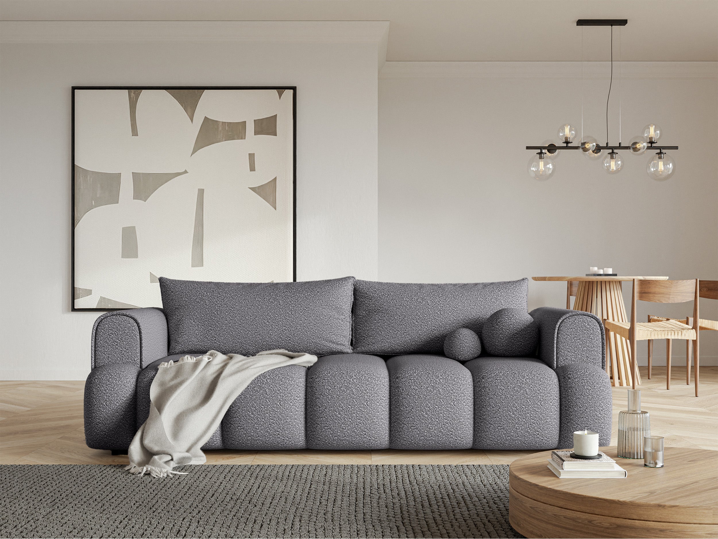 Dreisitziges Sofa Dandelino mit Schlafunktion, grauer Bouclé-Stoff