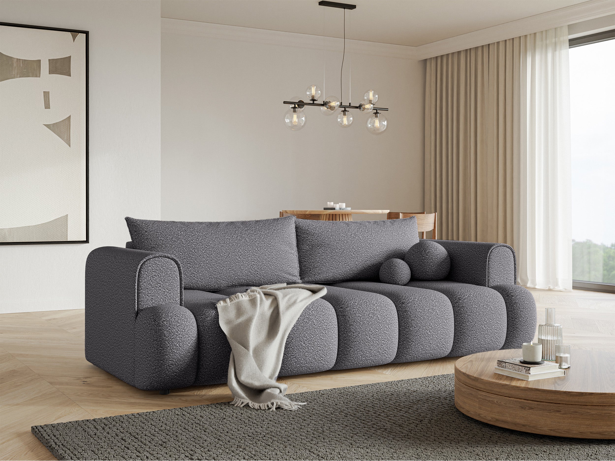 Dreisitziges Sofa Dandelino mit Schlafunktion, grauer Bouclé-Stoff