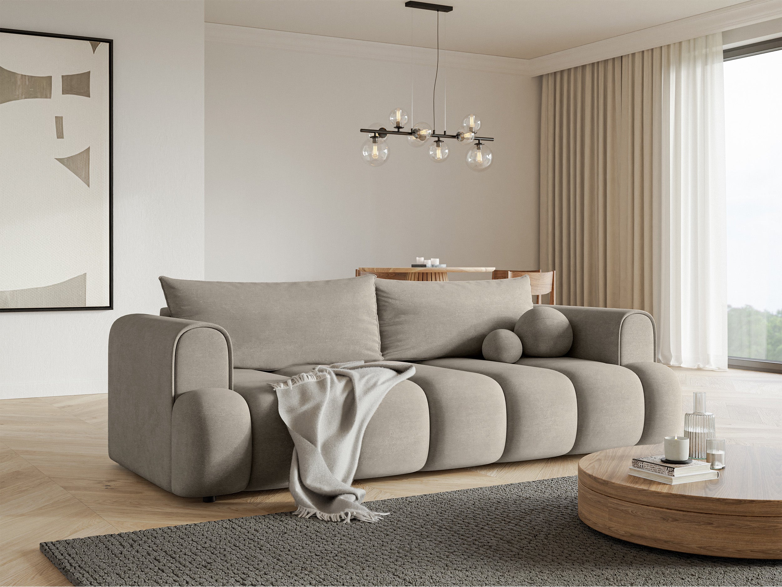 Dreisitziges Sofa Dandelino mit Schlaffunktion, grauer hydrophober Samt