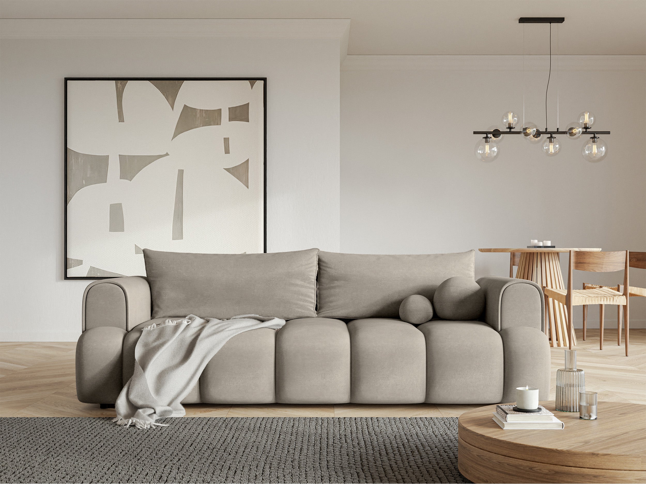 Dreisitziges Sofa Dandelino mit Schlaffunktion, grauer hydrophober Samt