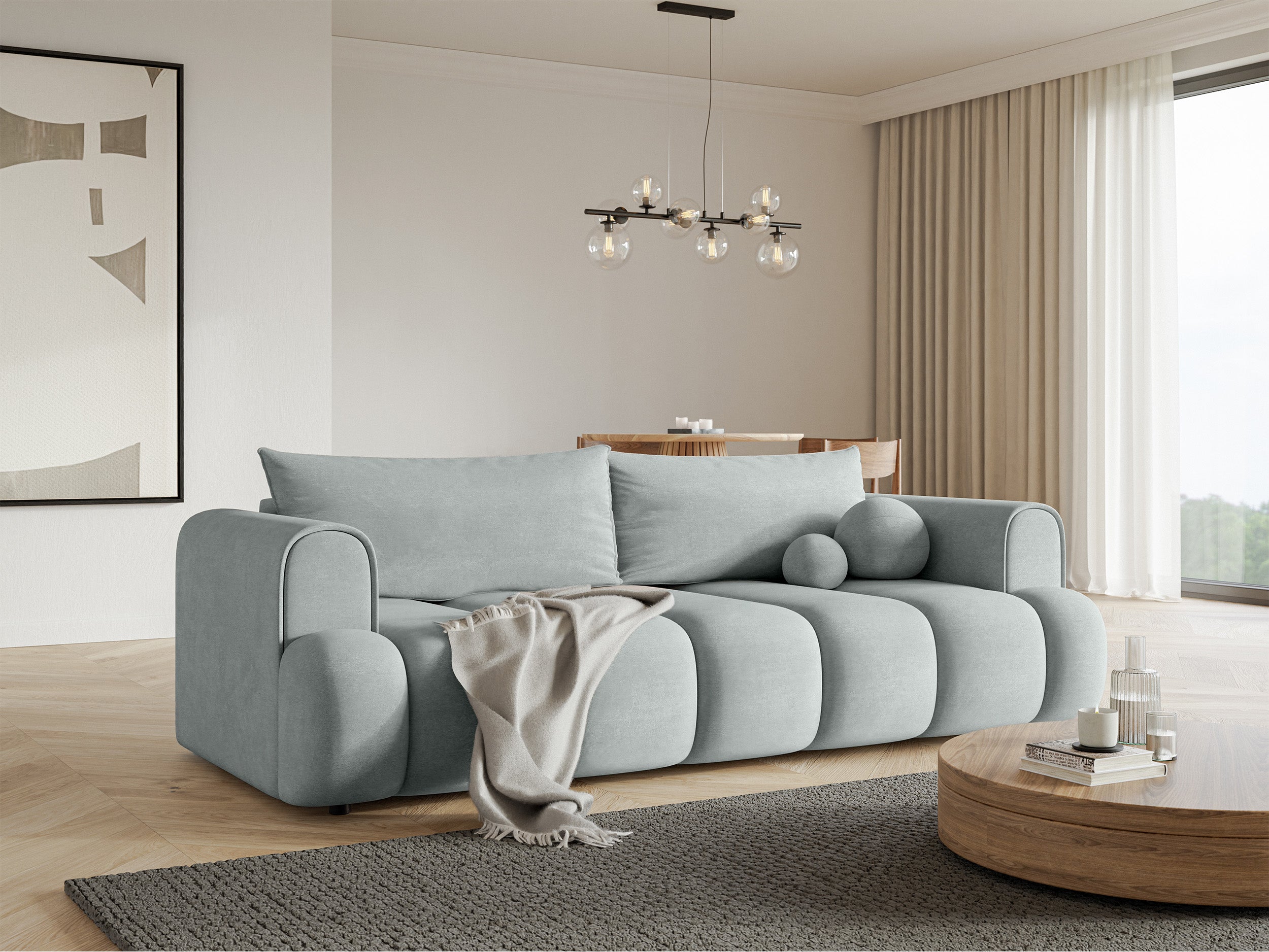 Dreisitziges Sofa Dandelino mit Schlafunktion, hellgrauer Velours, wasserabweisend