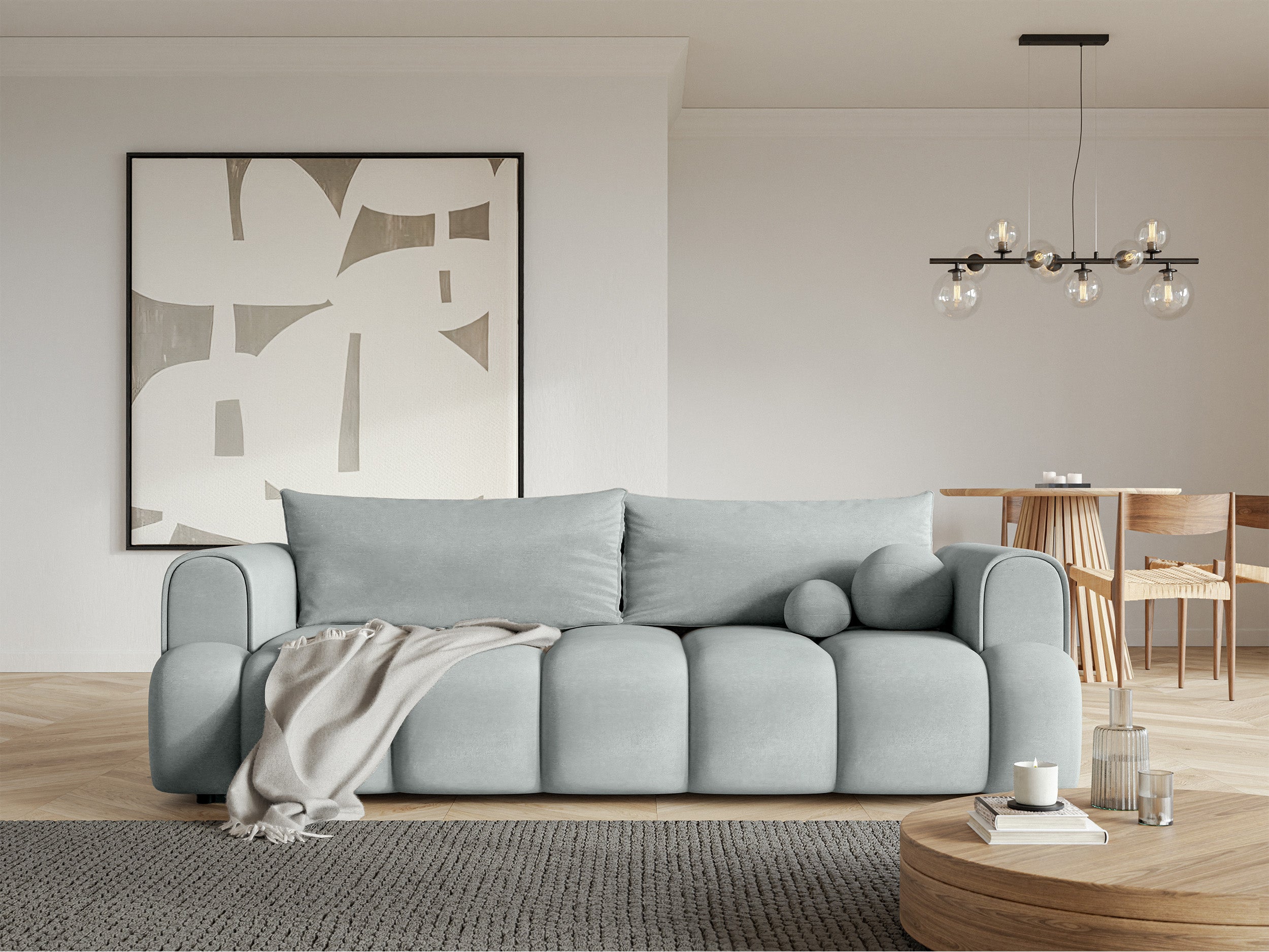 Dreisitziges Sofa Dandelino mit Schlafunktion, hellgrauer Velours, wasserabweisend