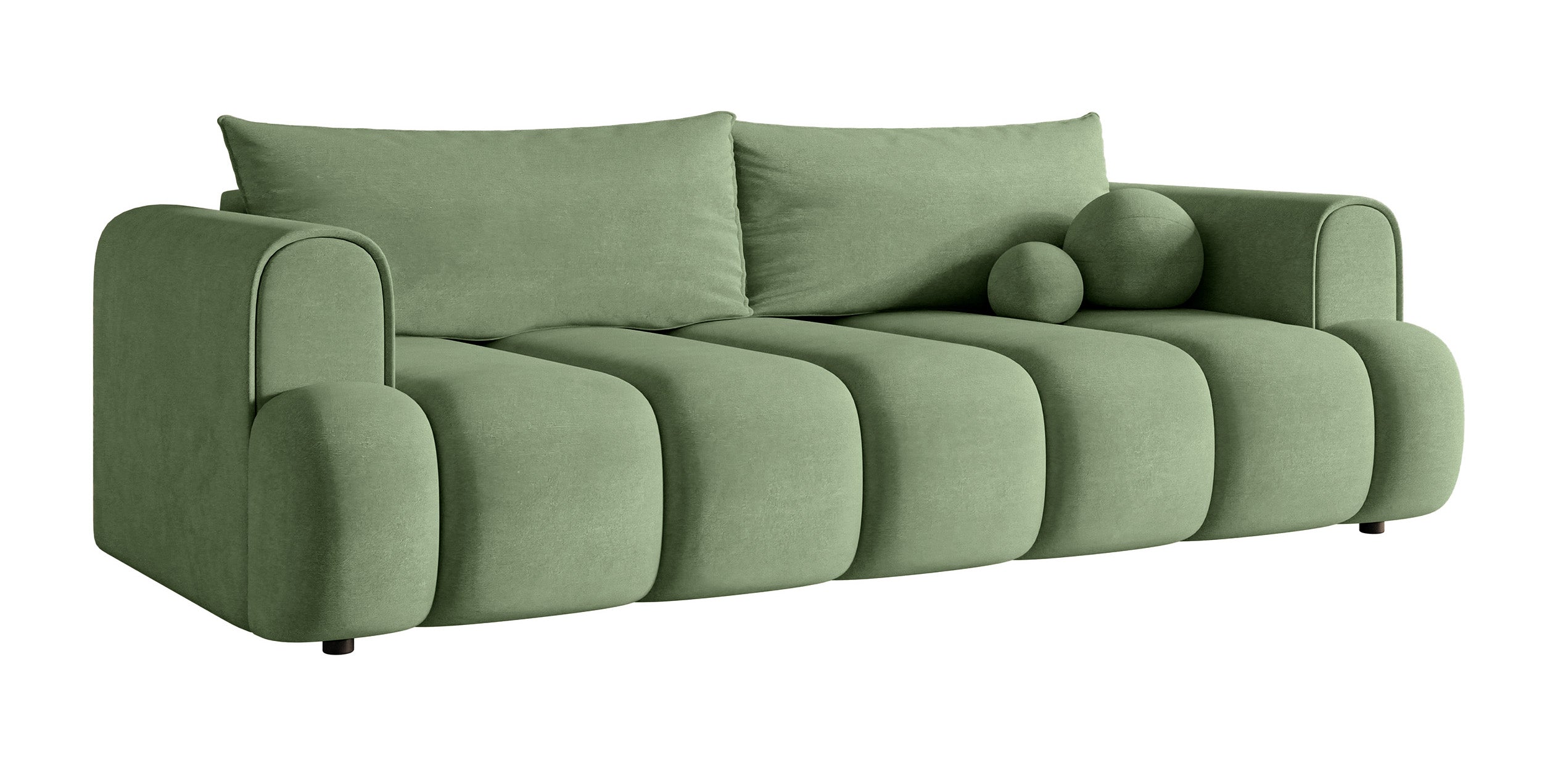 Dreisitziges Sofa Dandelino mit Schlafunktion, eukalyptusfarbener Velours, wasserabweisend