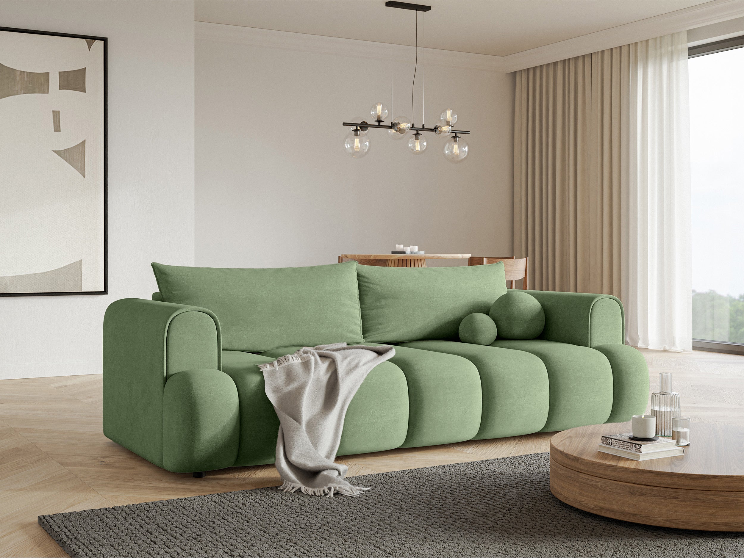 Dreisitziges Sofa Dandelino mit Schlafunktion, eukalyptusfarbener Velours, wasserabweisend