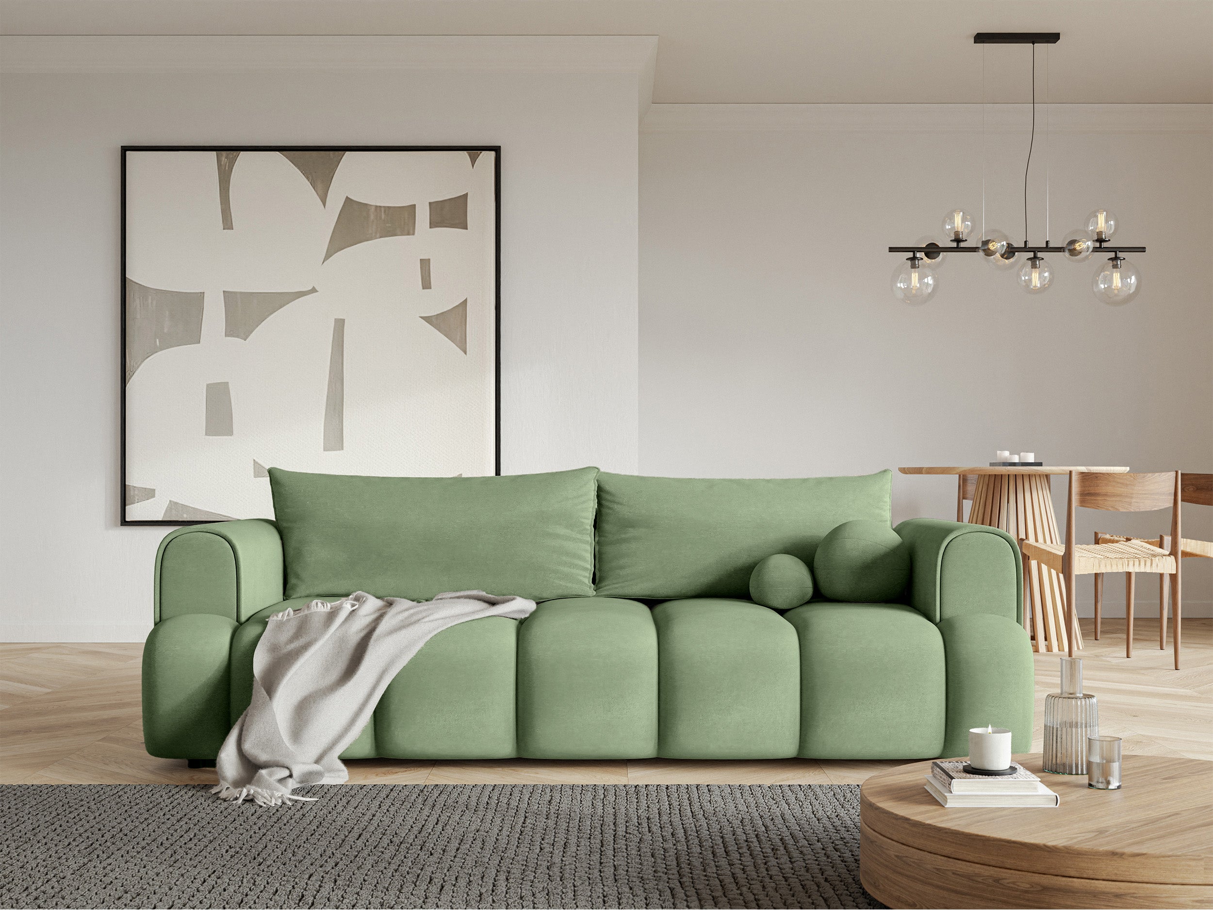Dreisitziges Sofa Dandelino mit Schlafunktion, eukalyptusfarbener Velours, wasserabweisend
