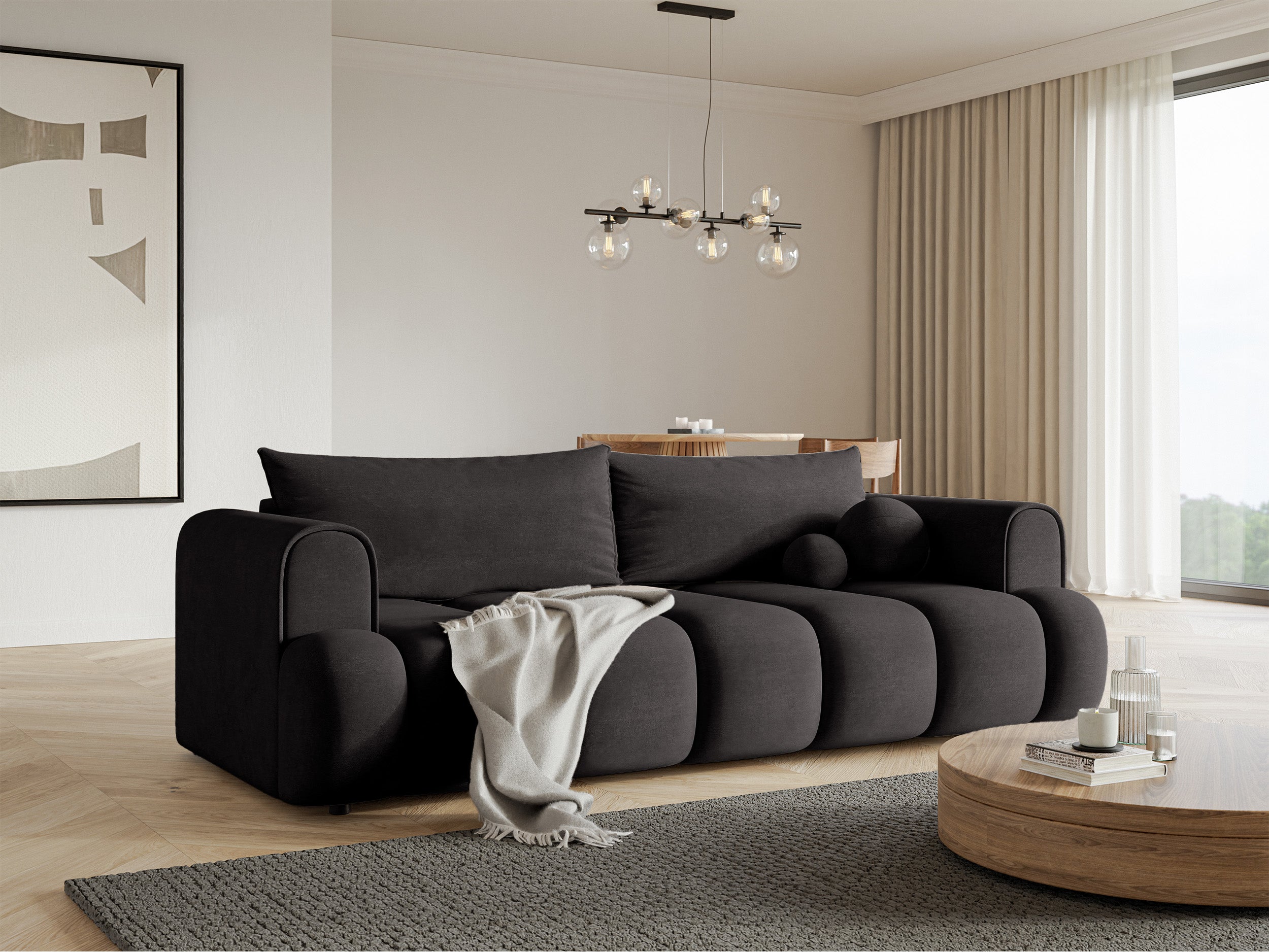 Dreisitziges Sofa Dandelino mit Schlaffunktion, Graphit, hydrophobes Samtgewebe