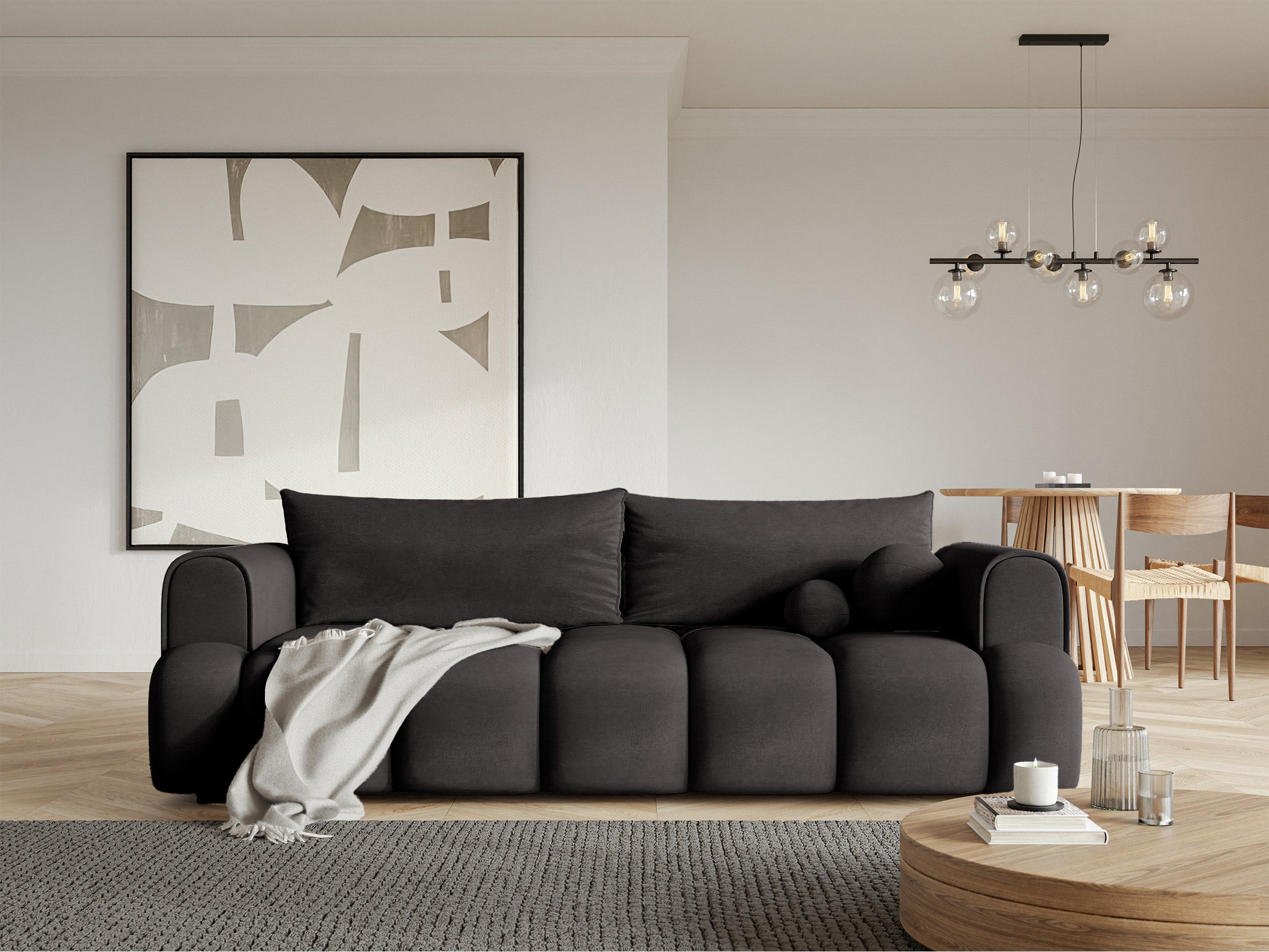 Dreisitziges Sofa Dandelino mit Schlaffunktion, Graphit, hydrophobes Samtgewebe
