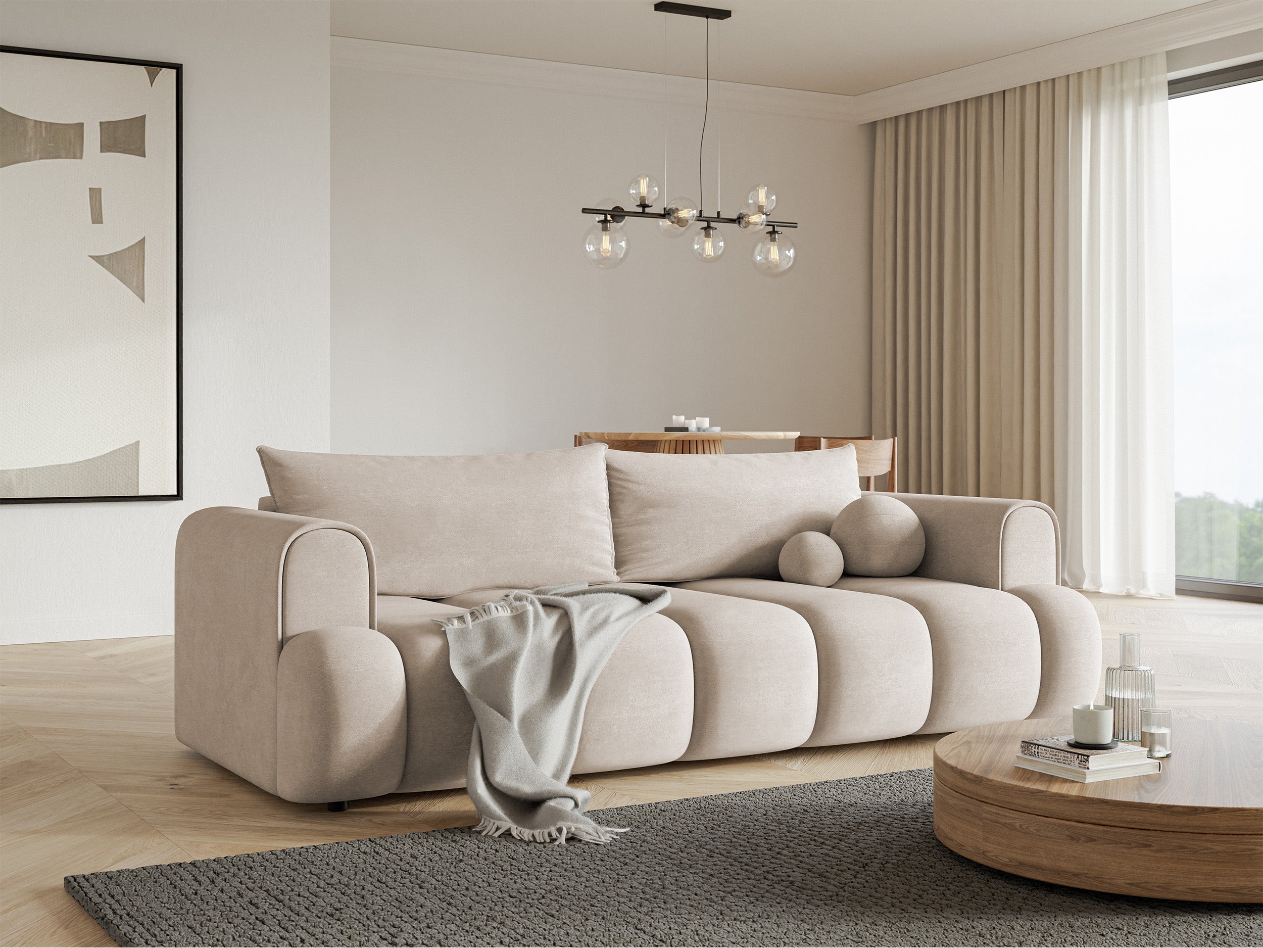 Dreisitziges Sofa Dandelino mit Schlafunktion, graubeiger Velours, wasserabweisend