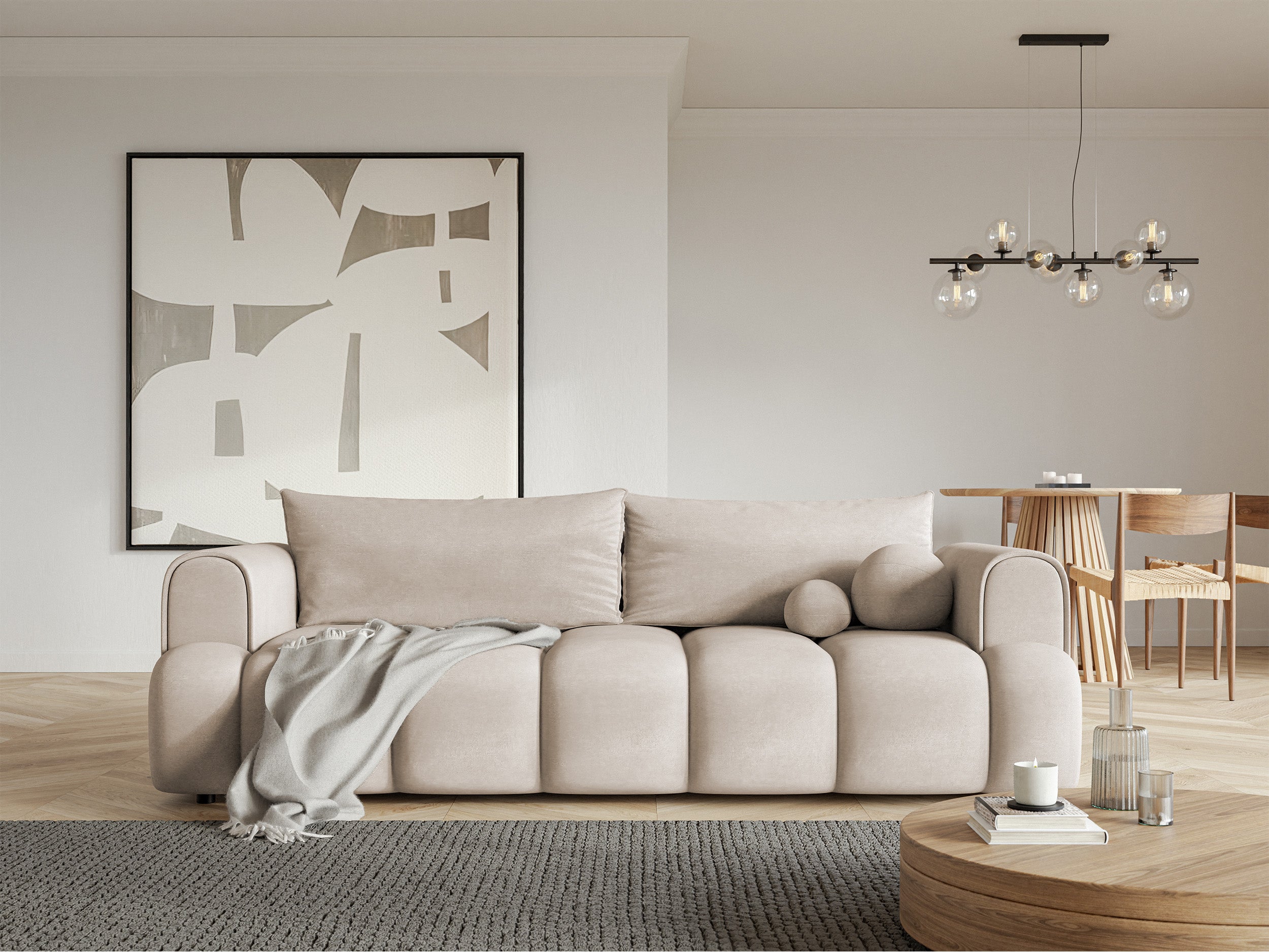 Dreisitziges Sofa Dandelino mit Schlafunktion, graubeiger Velours, wasserabweisend