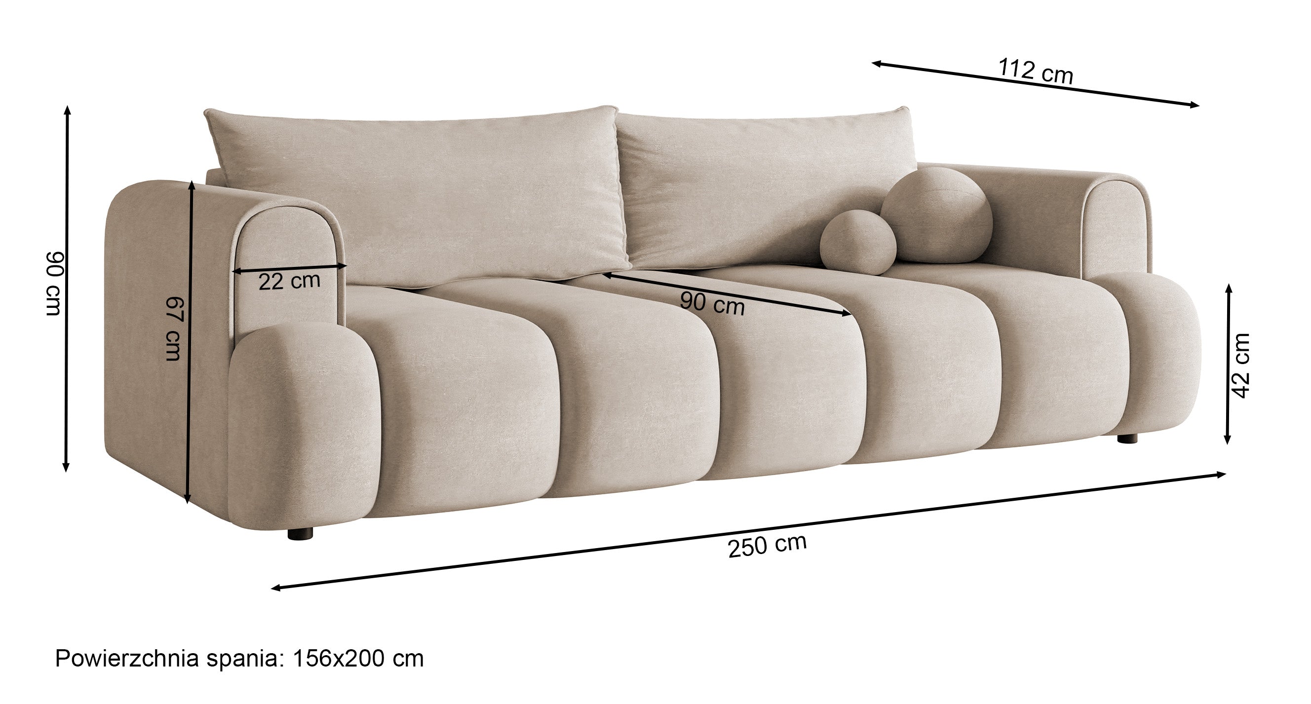 Dreisitziges Sofa Dandelino mit Schlafunktion, graubeiger Velours, wasserabweisend