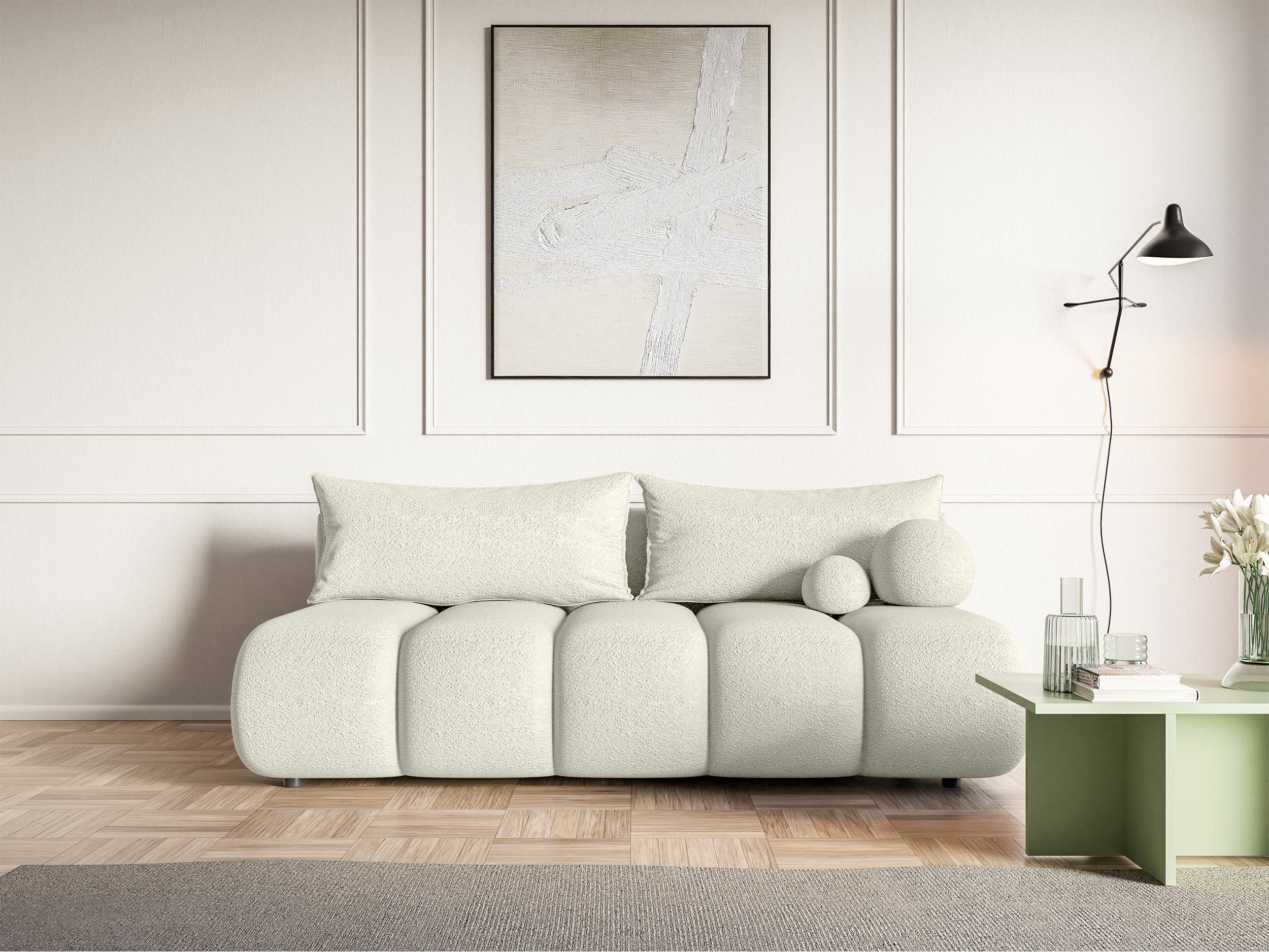 Dreisitziges Sofa Dandelino Mini mit Schlafunktion in cremefarbenem Bouclé
