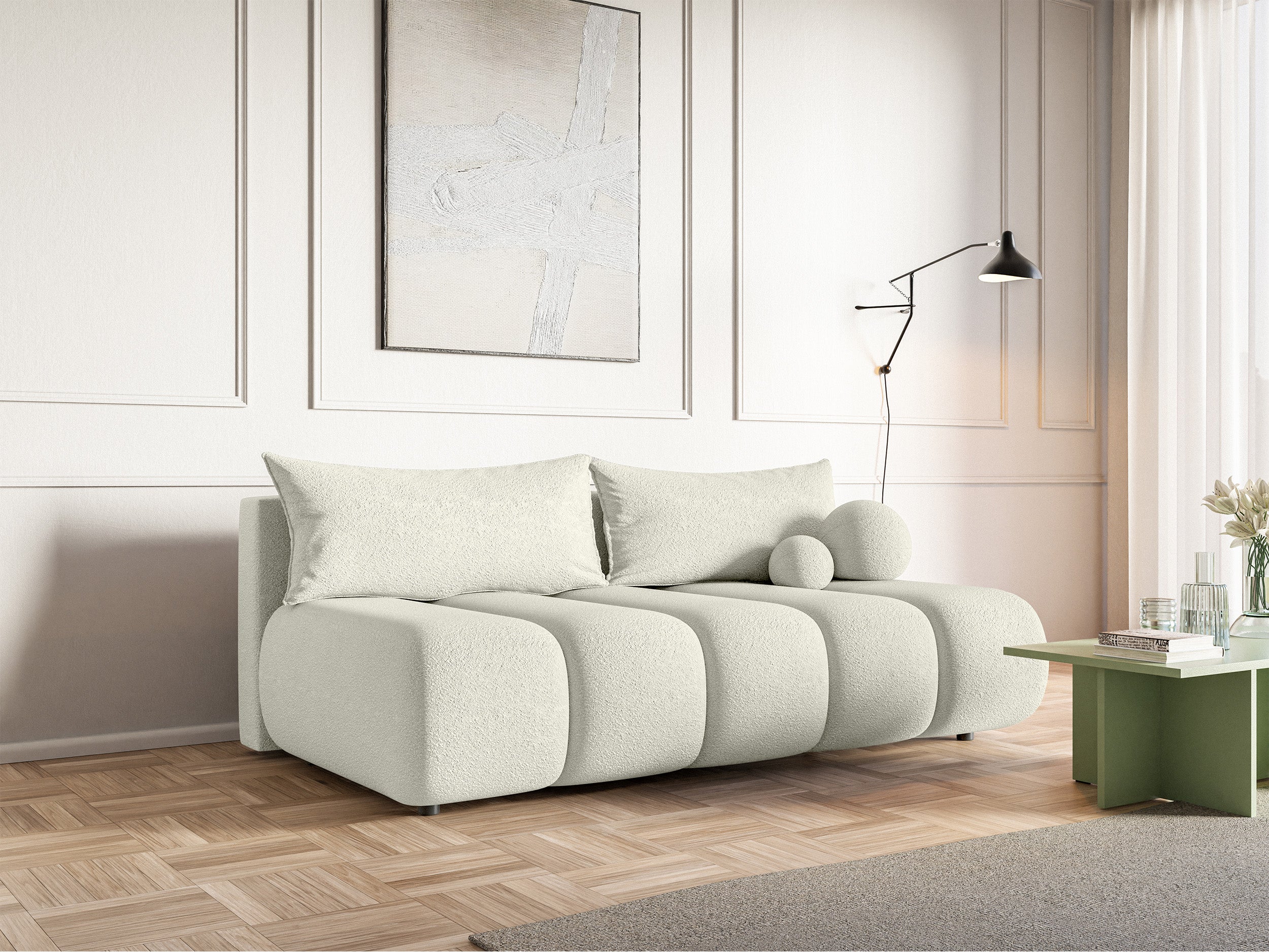 Dreisitziges Sofa Dandelino Mini mit Schlafunktion in cremefarbenem Bouclé