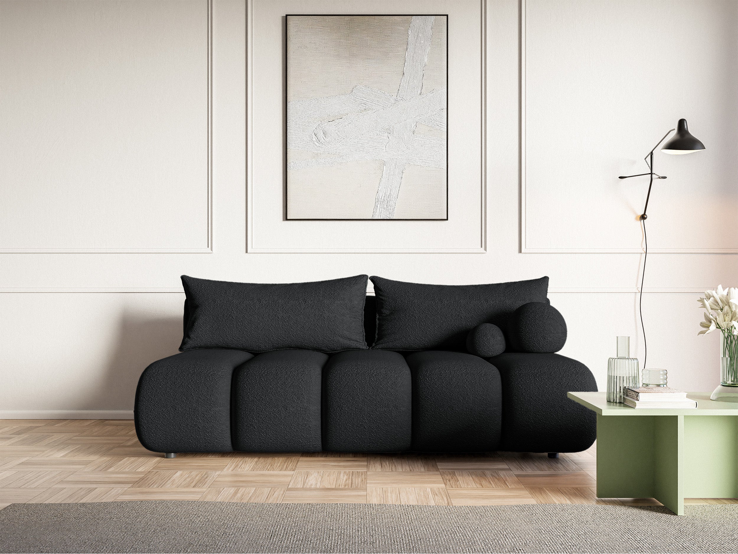 Dreisitziges Sofa Dandelino Mini mit Schlaffunktion, schwarzes Bouclé
