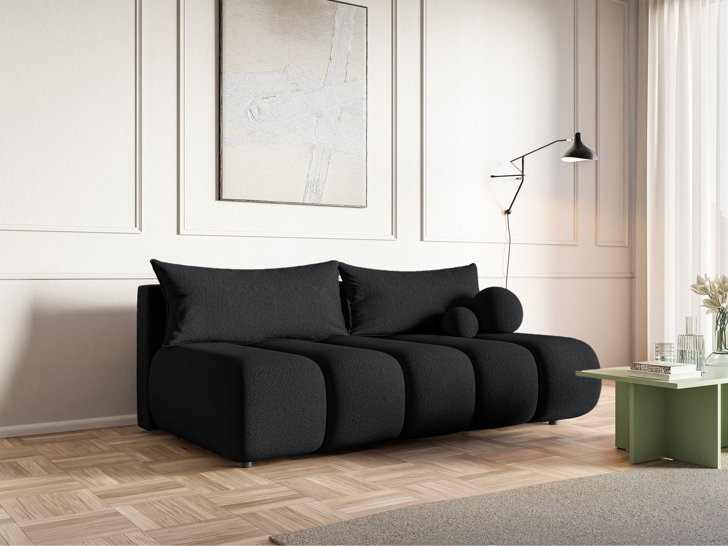 Dreisitziges Sofa Dandelino Mini mit Schlaffunktion, schwarzes Bouclé