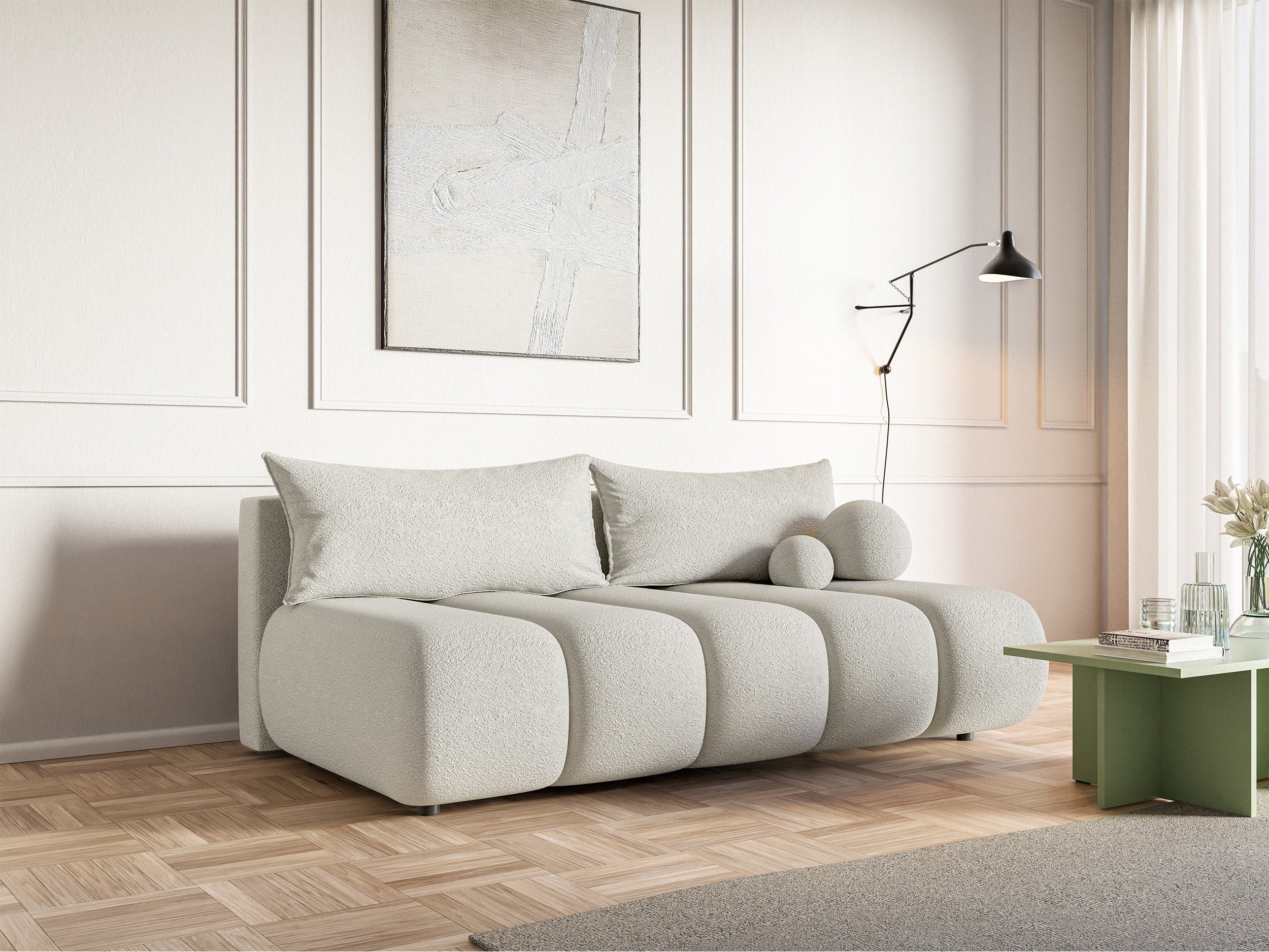 Dreisitziges Sofa Dandelino Mini mit Schlaffunktion, hellbeige Bouclé