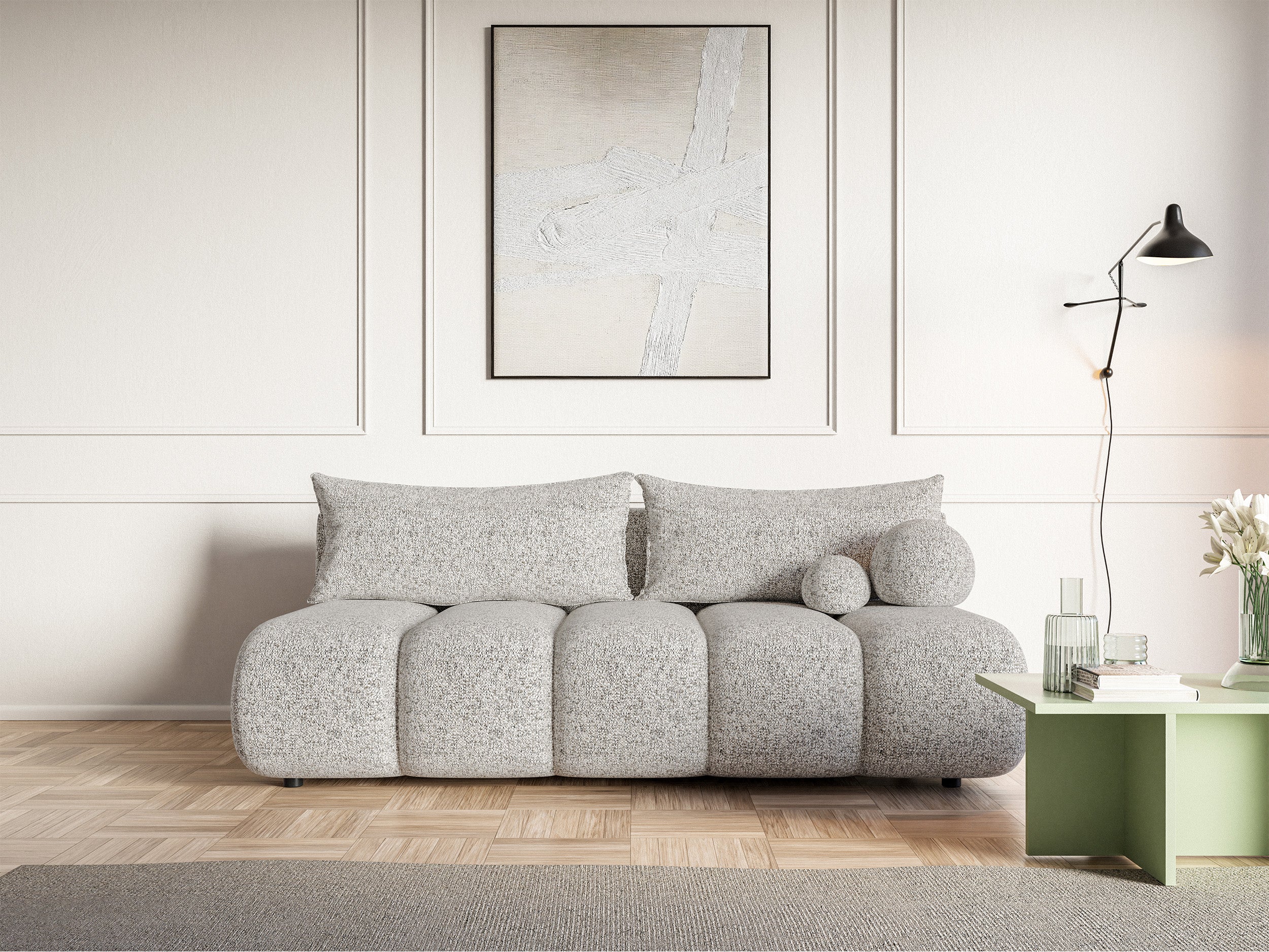 Dreisitziges Sofa Dandelino Mini mit Schlafunktion, beige Flechtoptik