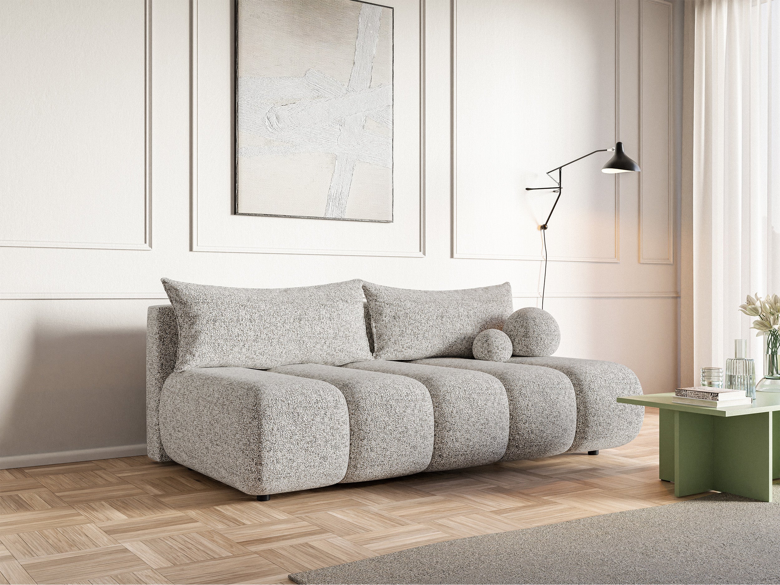Dreisitziges Sofa Dandelino Mini mit Schlafunktion, beige Flechtoptik