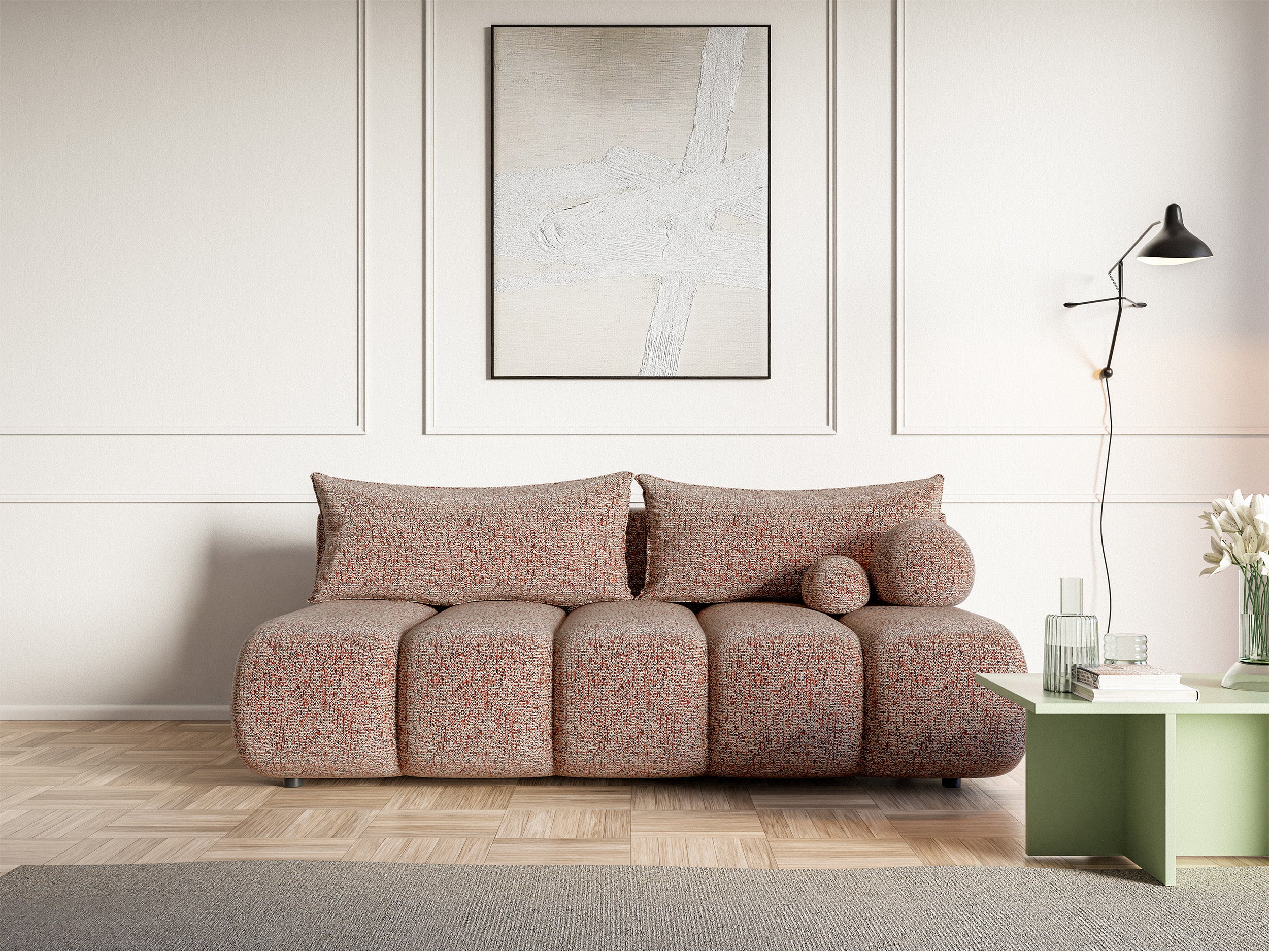 Dreisitziges Sofa Dandelino Mini mit Schlaffunktion, ziegelrotes Geflecht