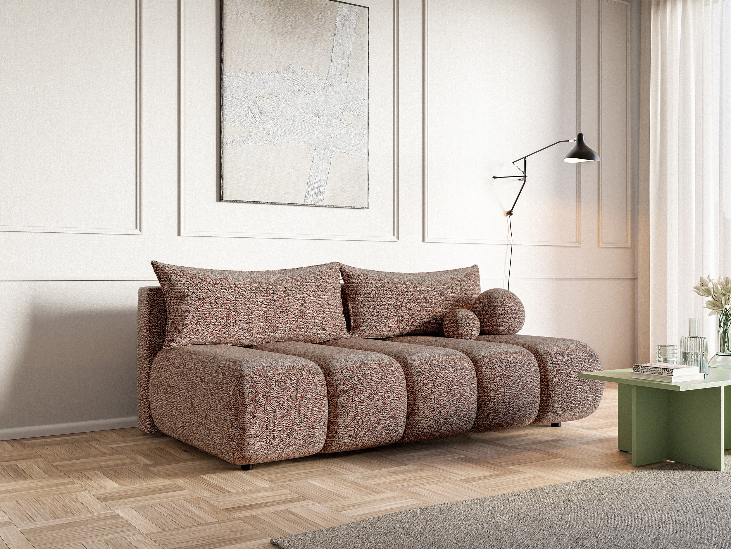 Dreisitziges Sofa Dandelino Mini mit Schlaffunktion, ziegelrotes Geflecht
