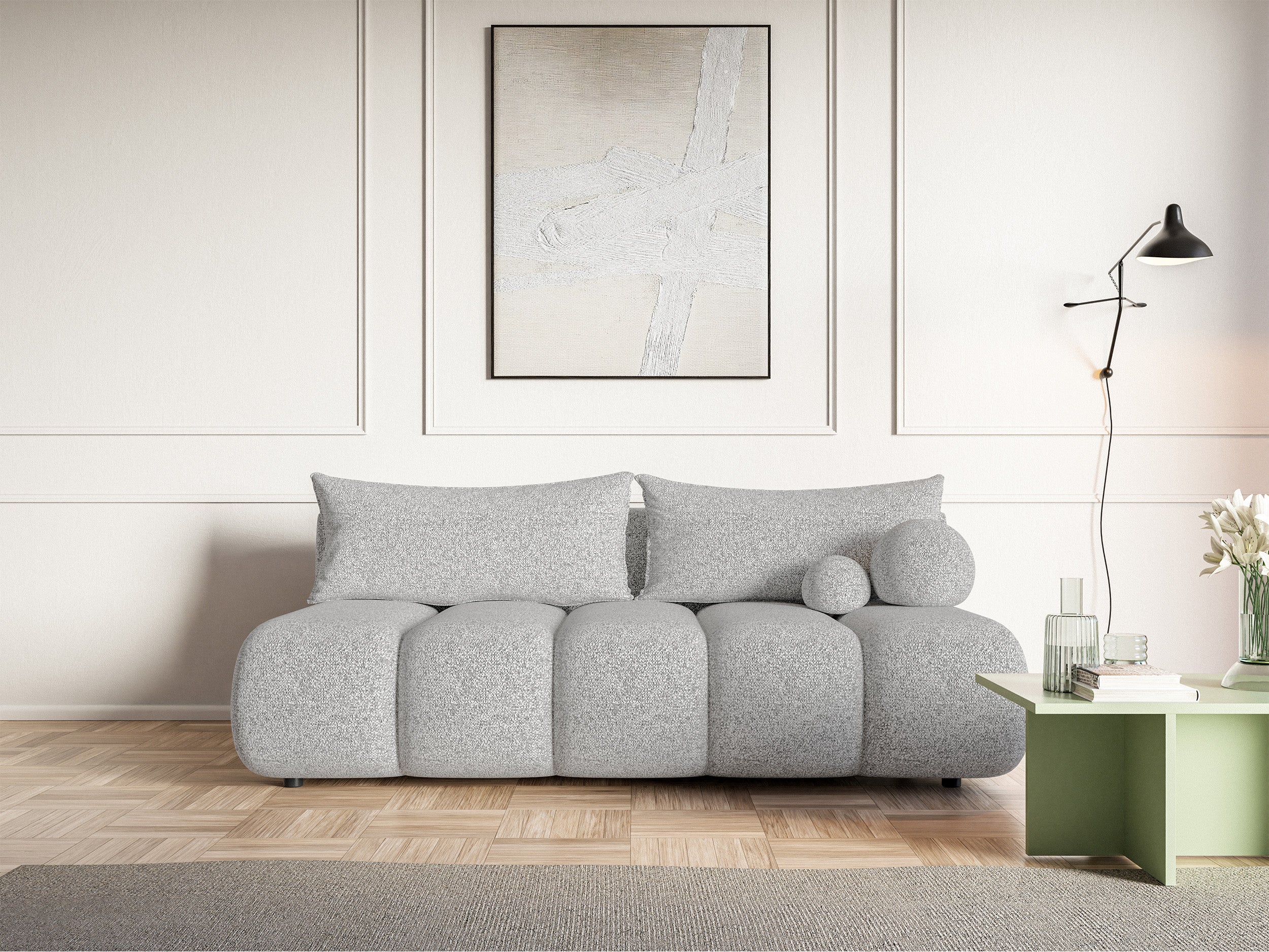 Dreisitziges Sofa Dandelino Mini mit Schlafunktion, hellgraues Geflecht