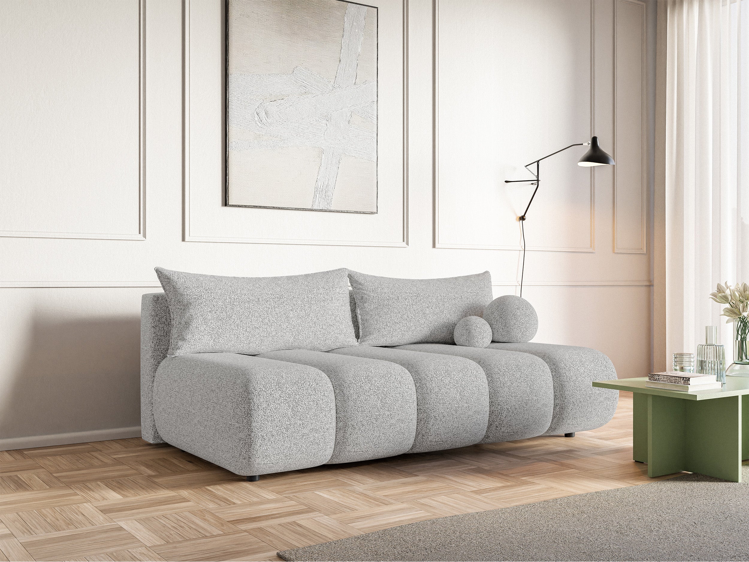 Dreisitziges Sofa Dandelino Mini mit Schlafunktion, hellgraues Geflecht