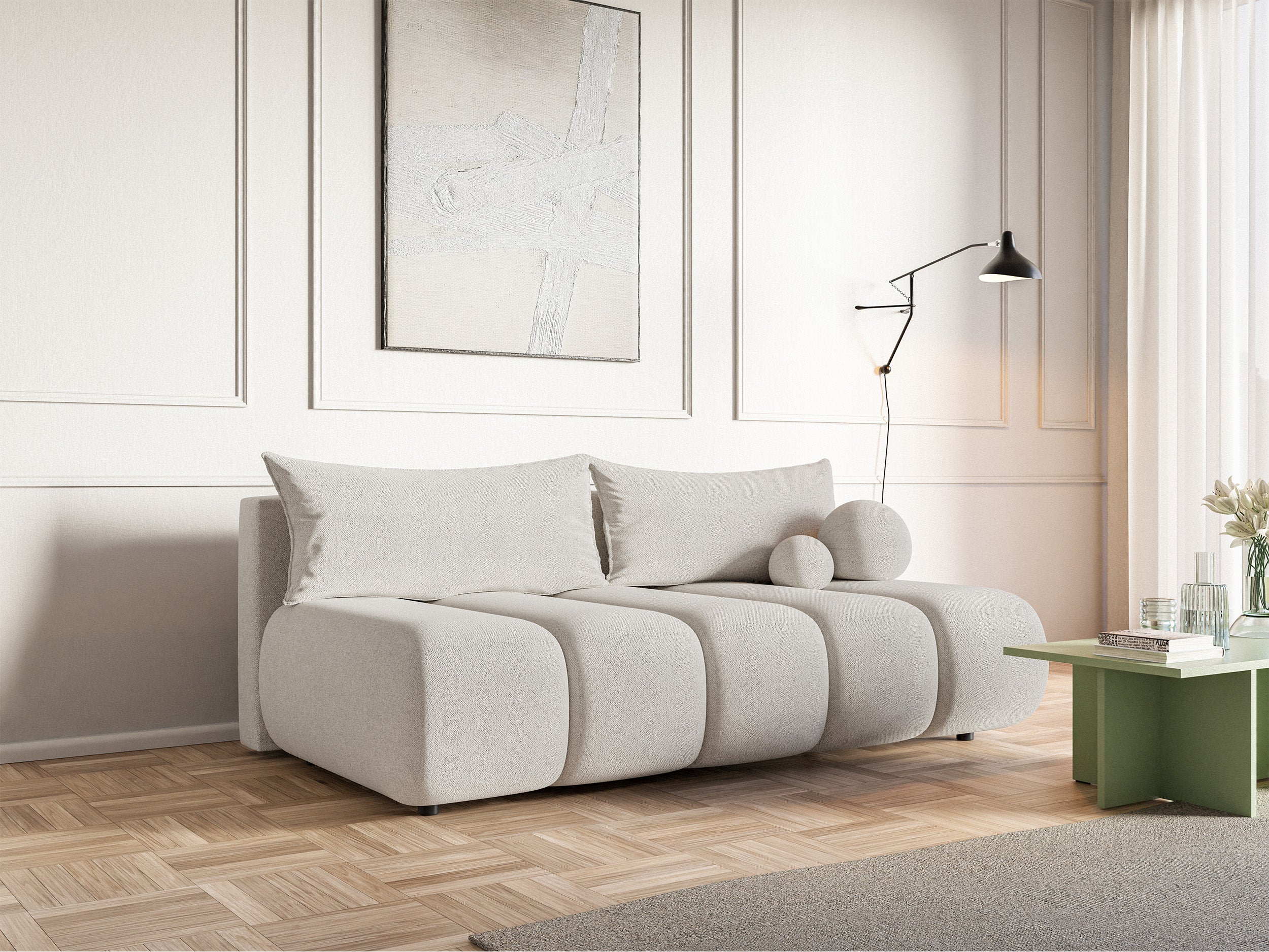 Dreisitziges Sofa Dandelino Mini mit Schlaffunktion, cremefarbener Chenillestoff