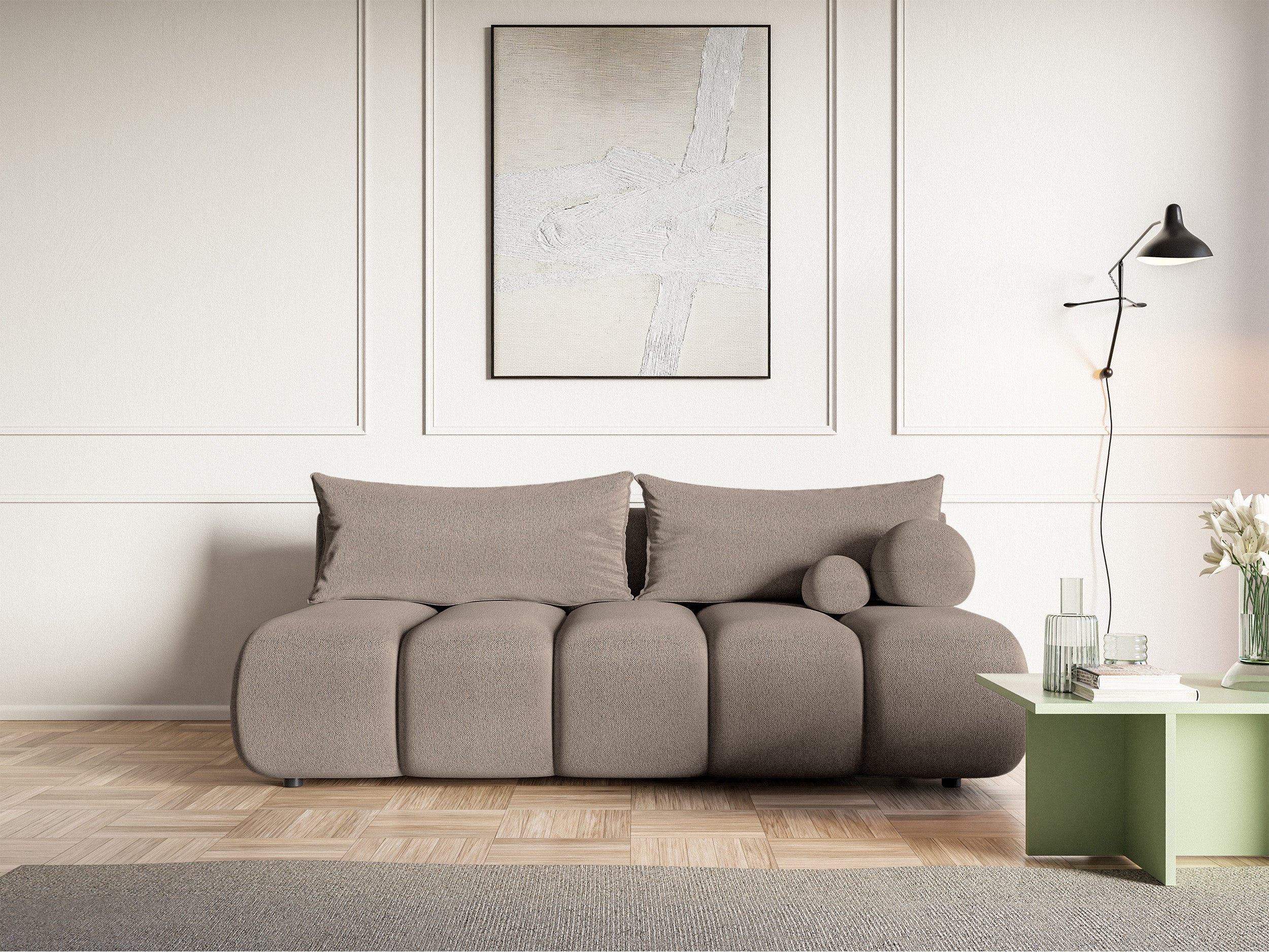 Dreisitziges Sofa Dandelino Mini mit Schlafunktion, beige Chenille