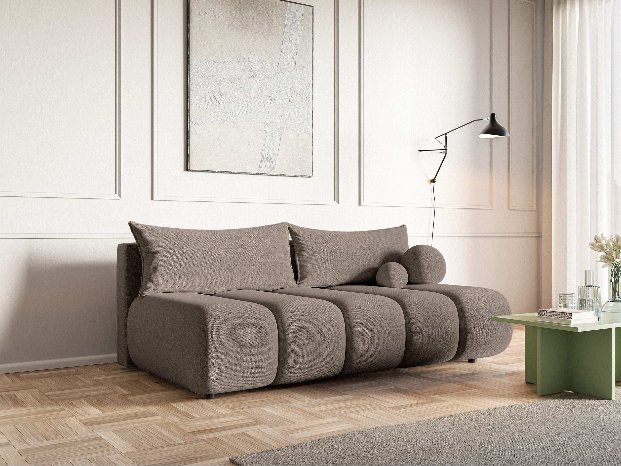 Dreisitziges Sofa Dandelino Mini mit Schlafunktion, beige Chenille