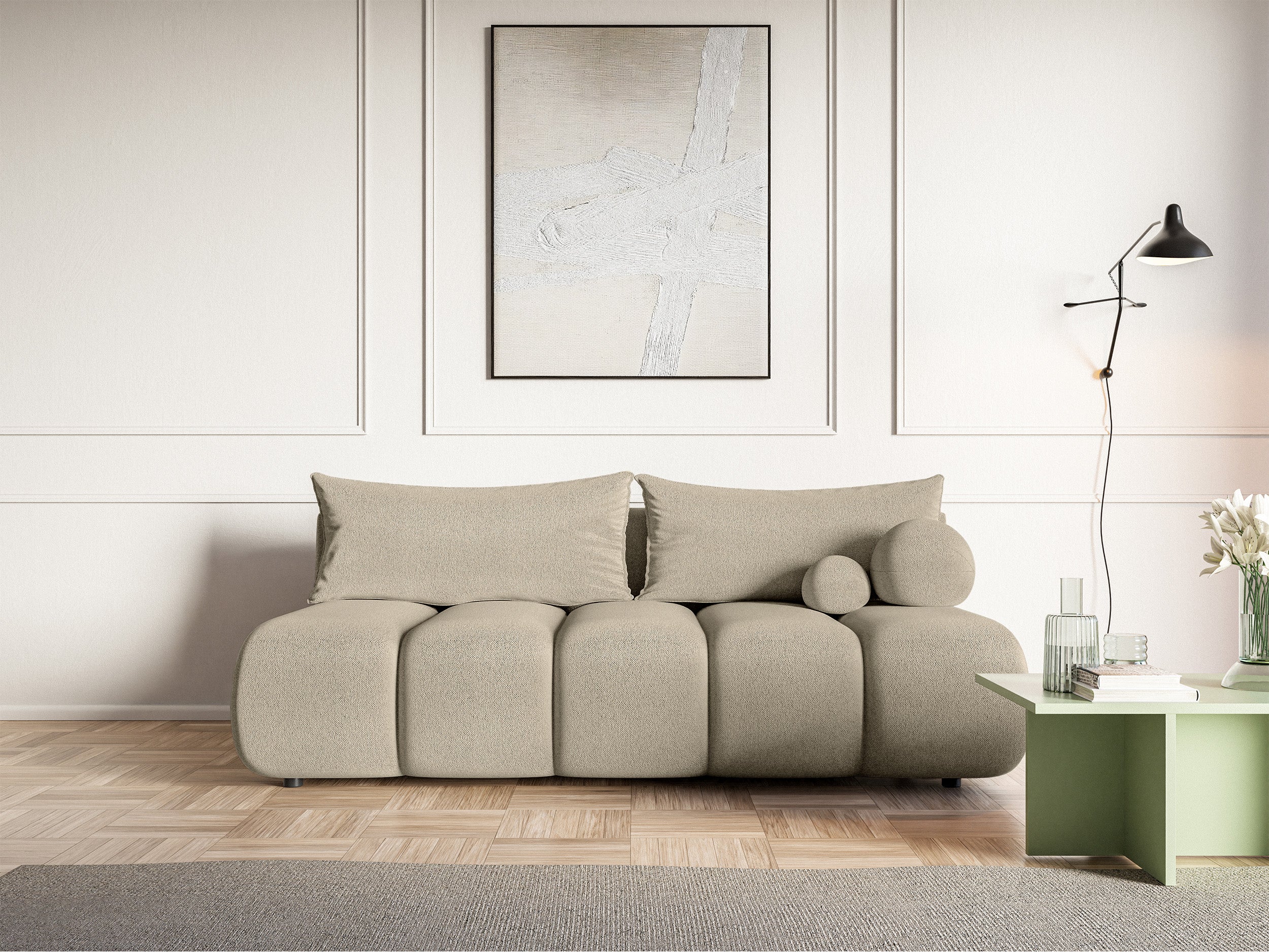 Dreisitziges Sofa Dandelino Mini mit Schlaffunktion, hellbeige Chenille