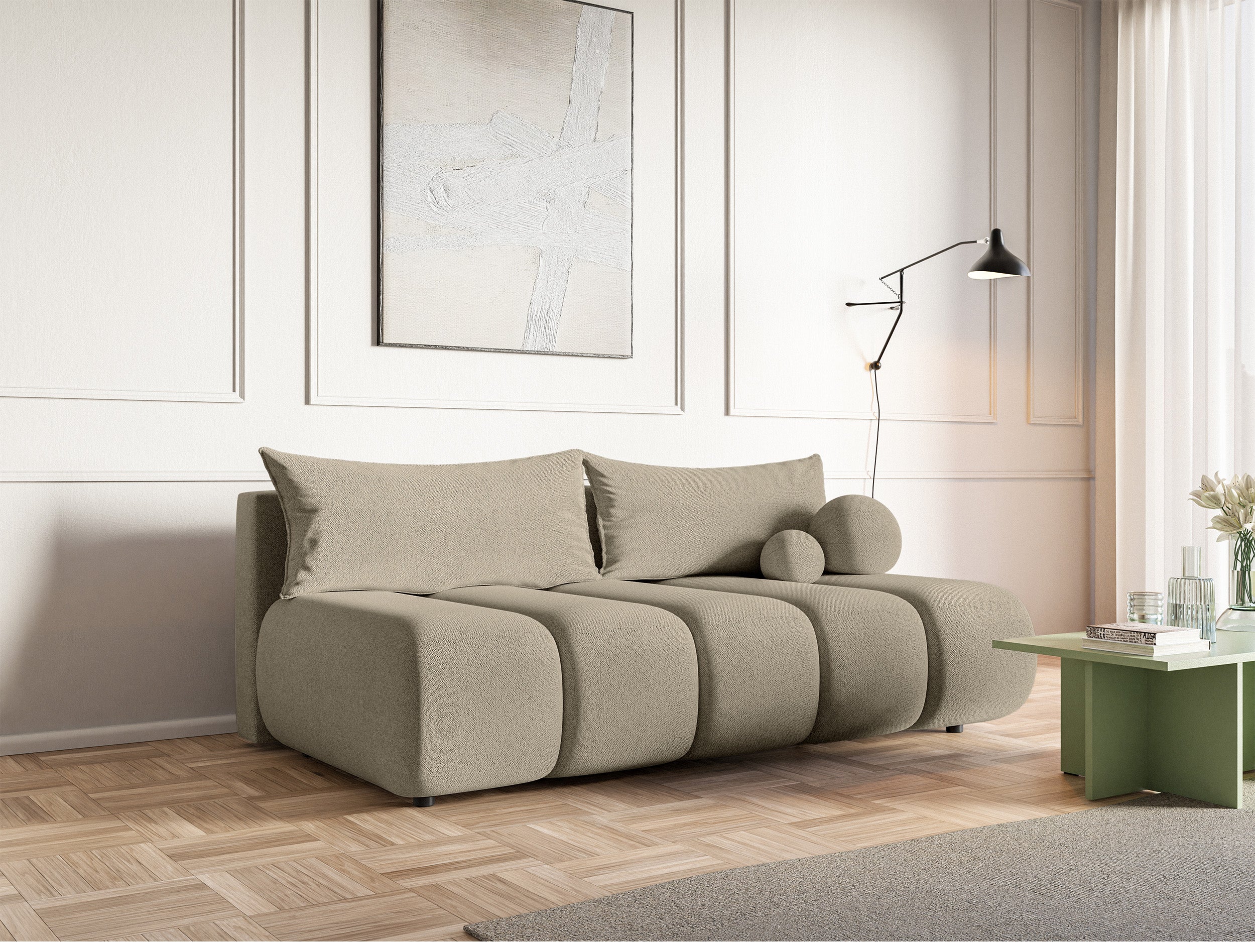 Dreisitziges Sofa Dandelino Mini mit Schlaffunktion, hellbeige Chenille