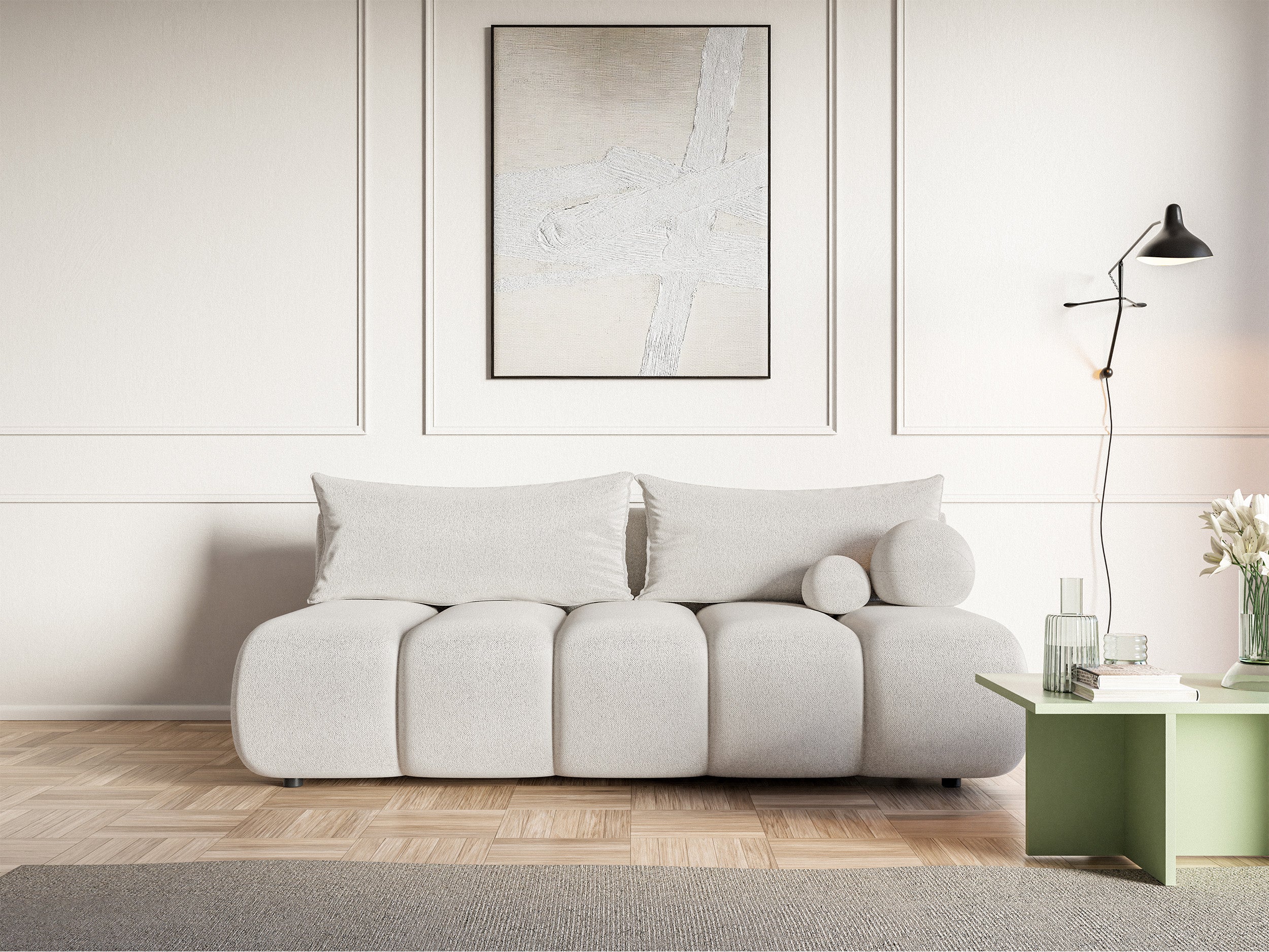 Dreisitziges Sofa Dandelino Mini mit Schlaffunktion, cremefarbener Chenillestoff