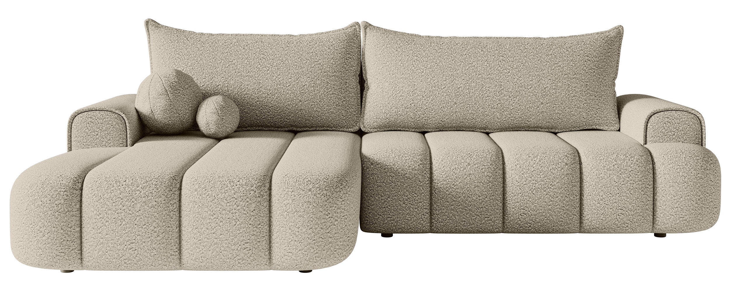Ecksofa mit Schlaffunktion Dandelino, L-förmig, linksseitig, mit Stauraum, hellbeige Bouclé