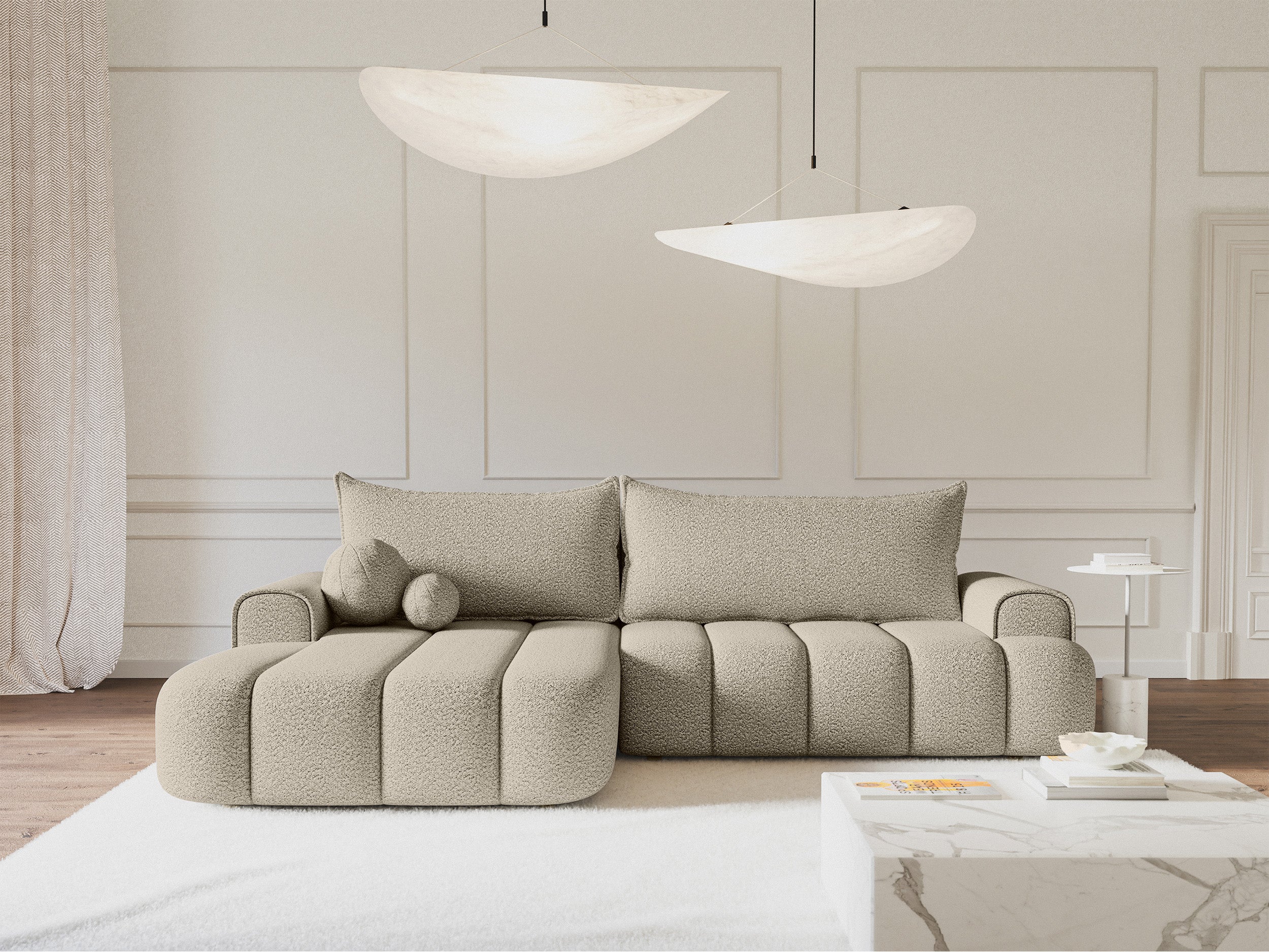 Ecksofa mit Schlaffunktion Dandelino, L-förmig, linksseitig, mit Stauraum, hellbeige Bouclé
