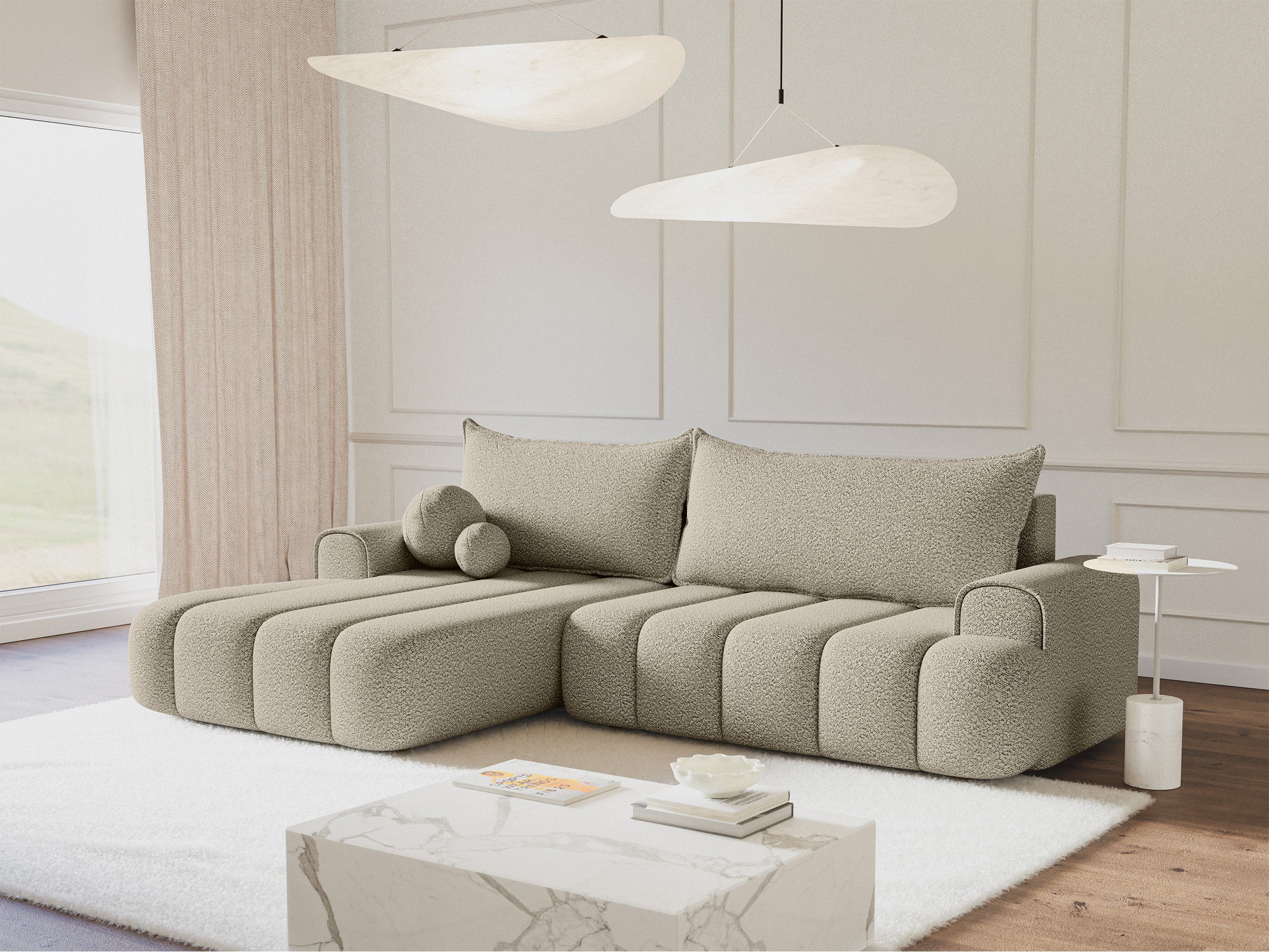 Ecksofa mit Schlaffunktion Dandelino, L-förmig, linksseitig, mit Stauraum, hellbeige Bouclé