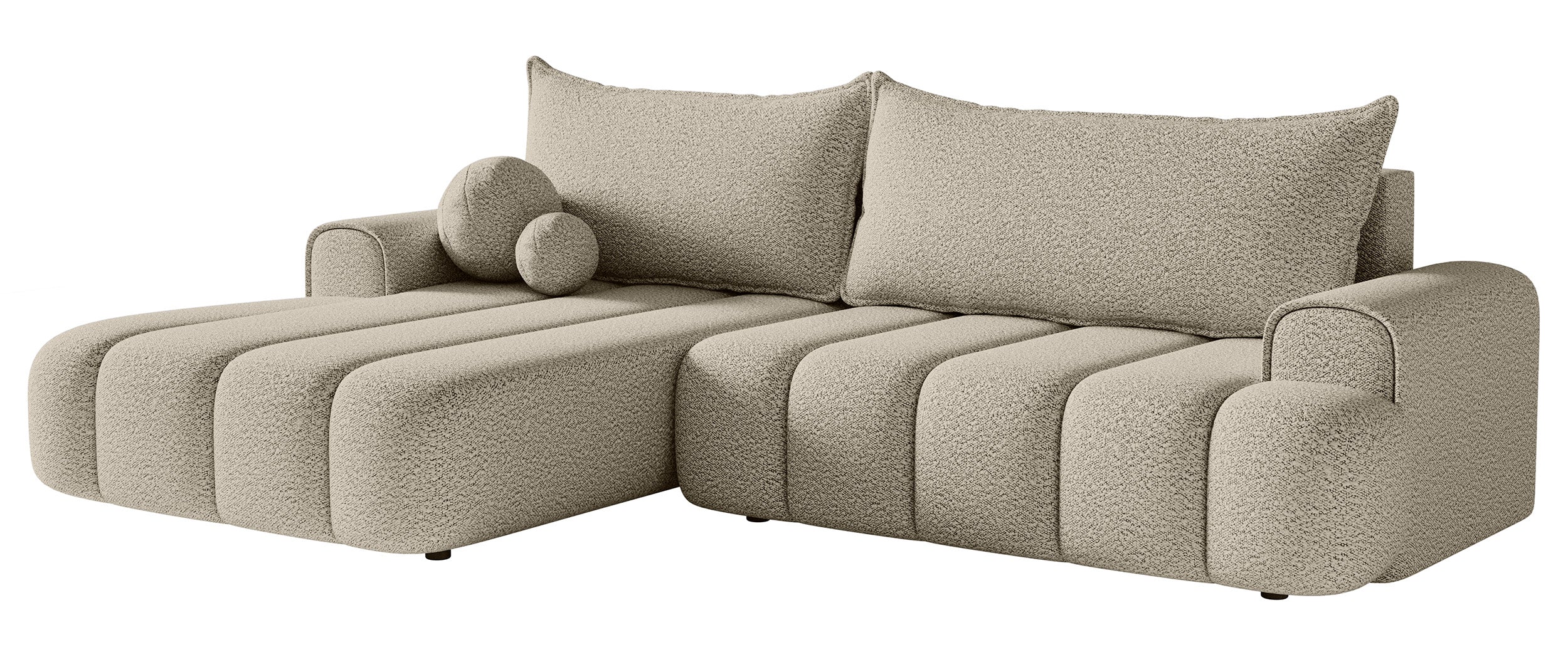 Ecksofa mit Schlaffunktion Dandelino, L-förmig, linksseitig, mit Stauraum, hellbeige Bouclé
