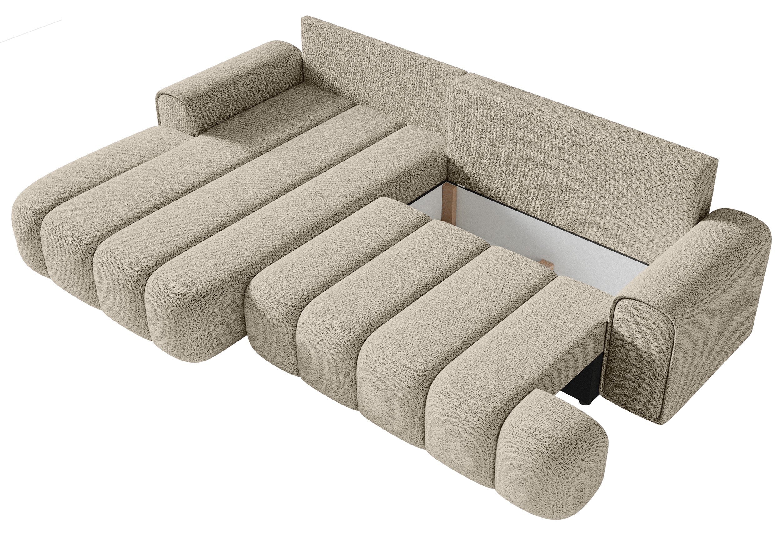 Ecksofa mit Schlaffunktion Dandelino, L-förmig, linksseitig, mit Stauraum, hellbeige Bouclé