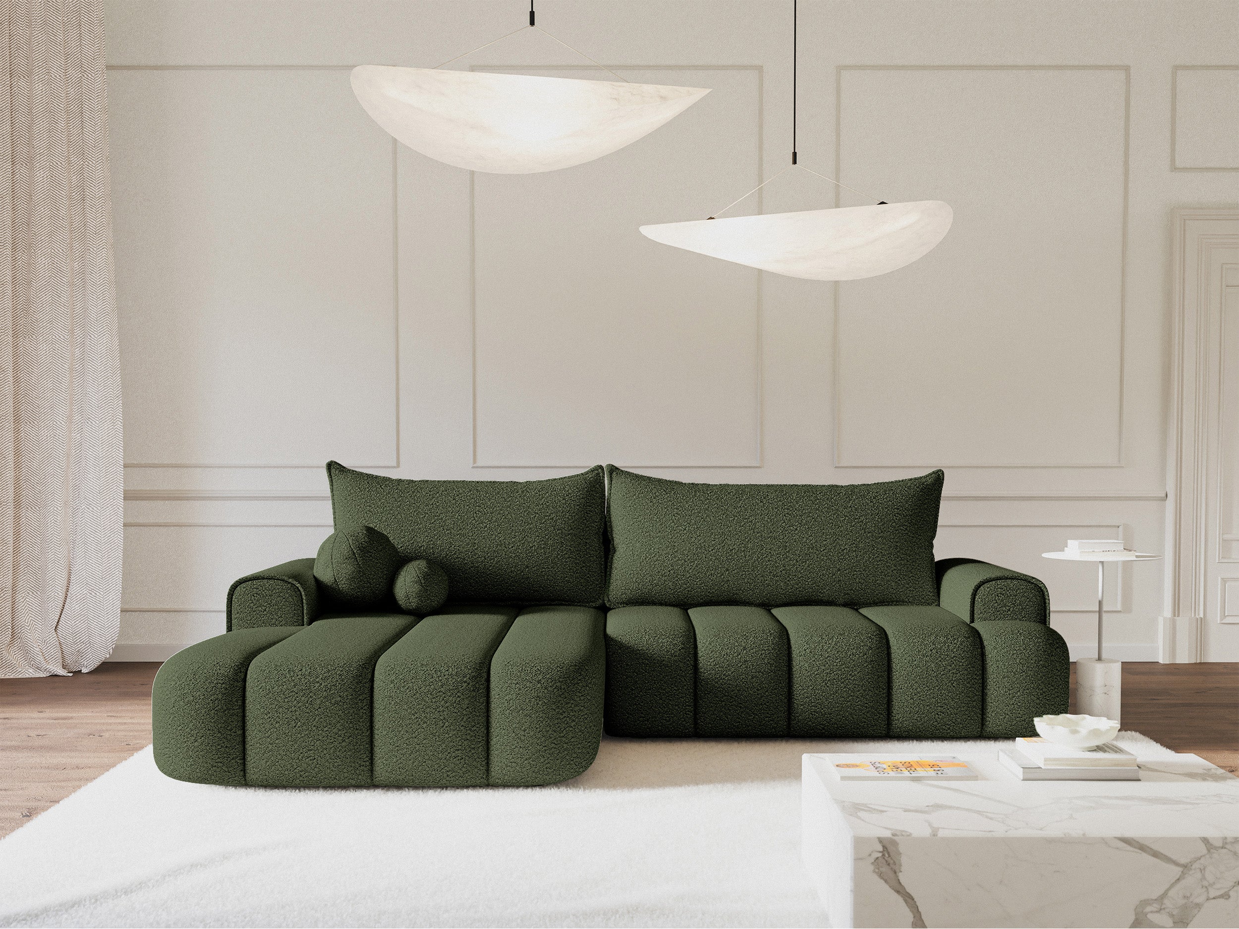 Ecksofa mit Schlafunktion Dandelino, L-förmig, linksseitig, mit Stauraum, khaki Bouclé